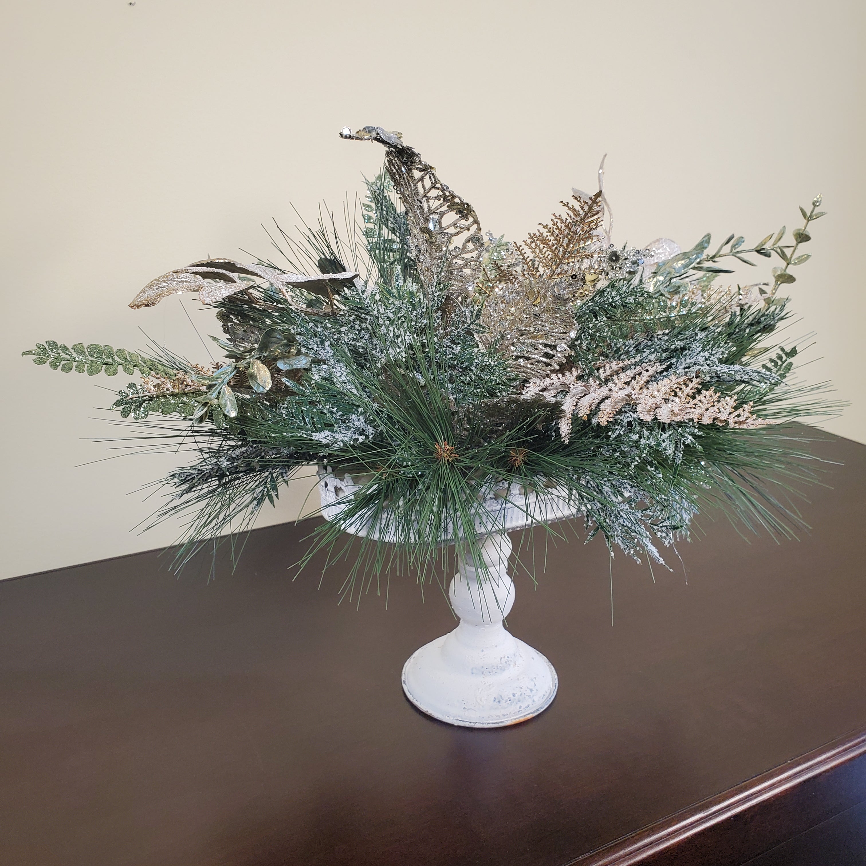 Elegant Winter Greenery Arrangement with Gold Accents in White Pedestal Bowl