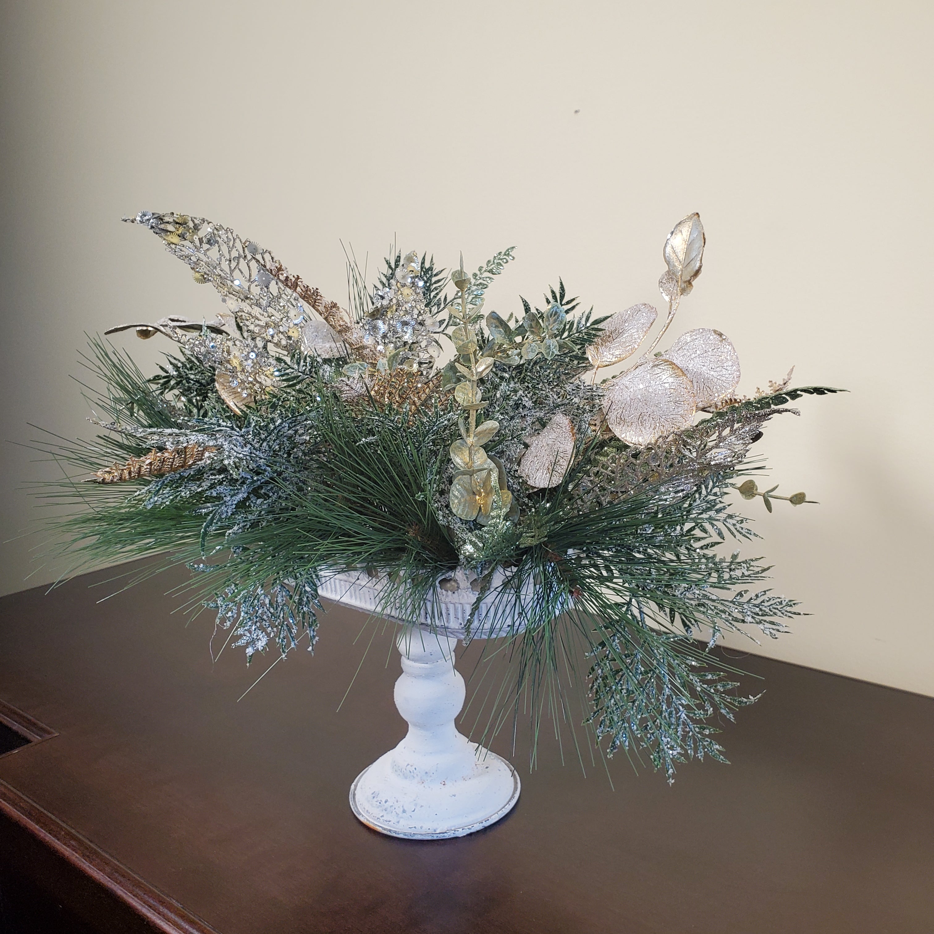 Elegant Winter Greenery Arrangement with Gold Accents in White Pedestal Bowl