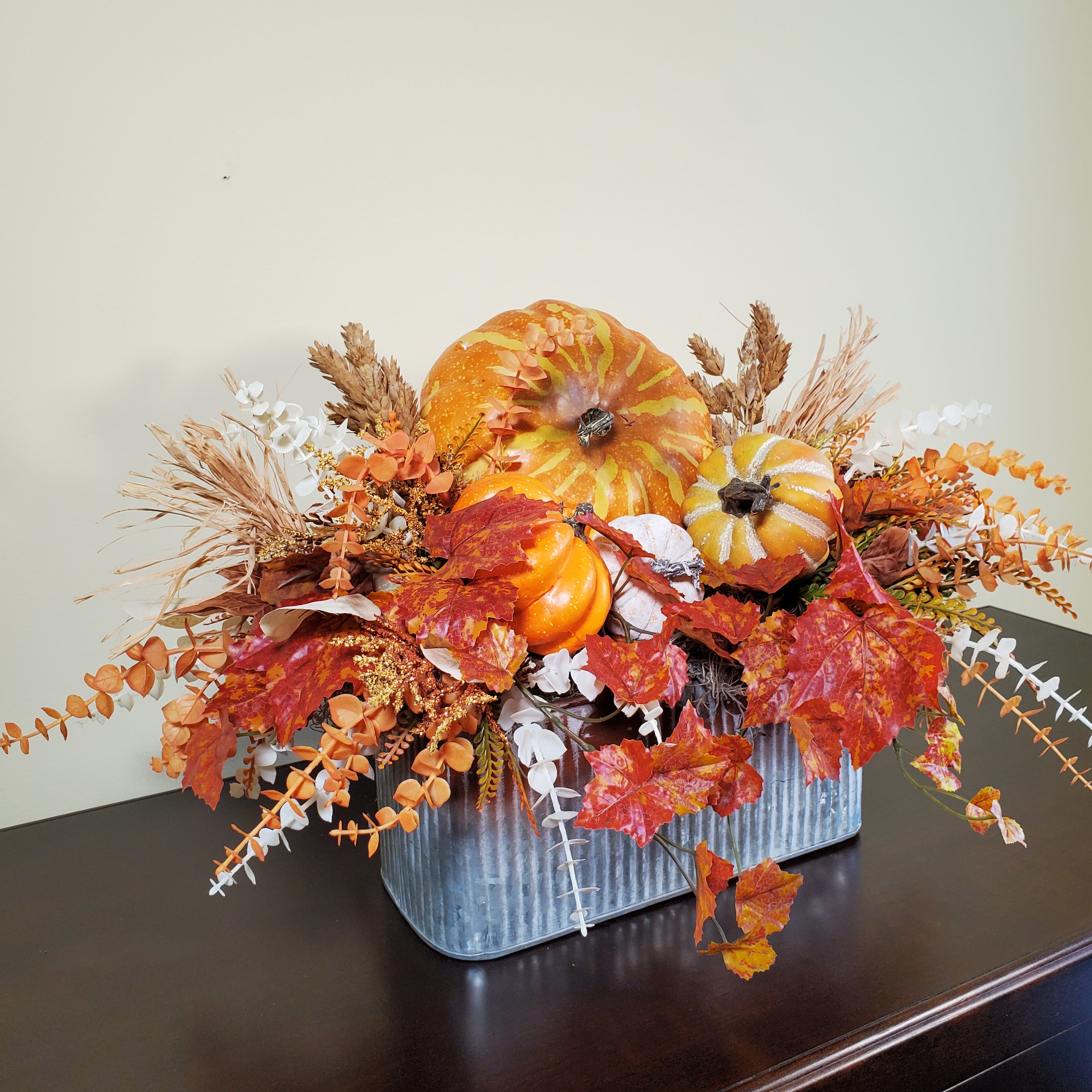 Fall Pumpkin Arrangement with Autumn Leaves, Wheat, and Seasonal Foliage in Rustic Metal Tin