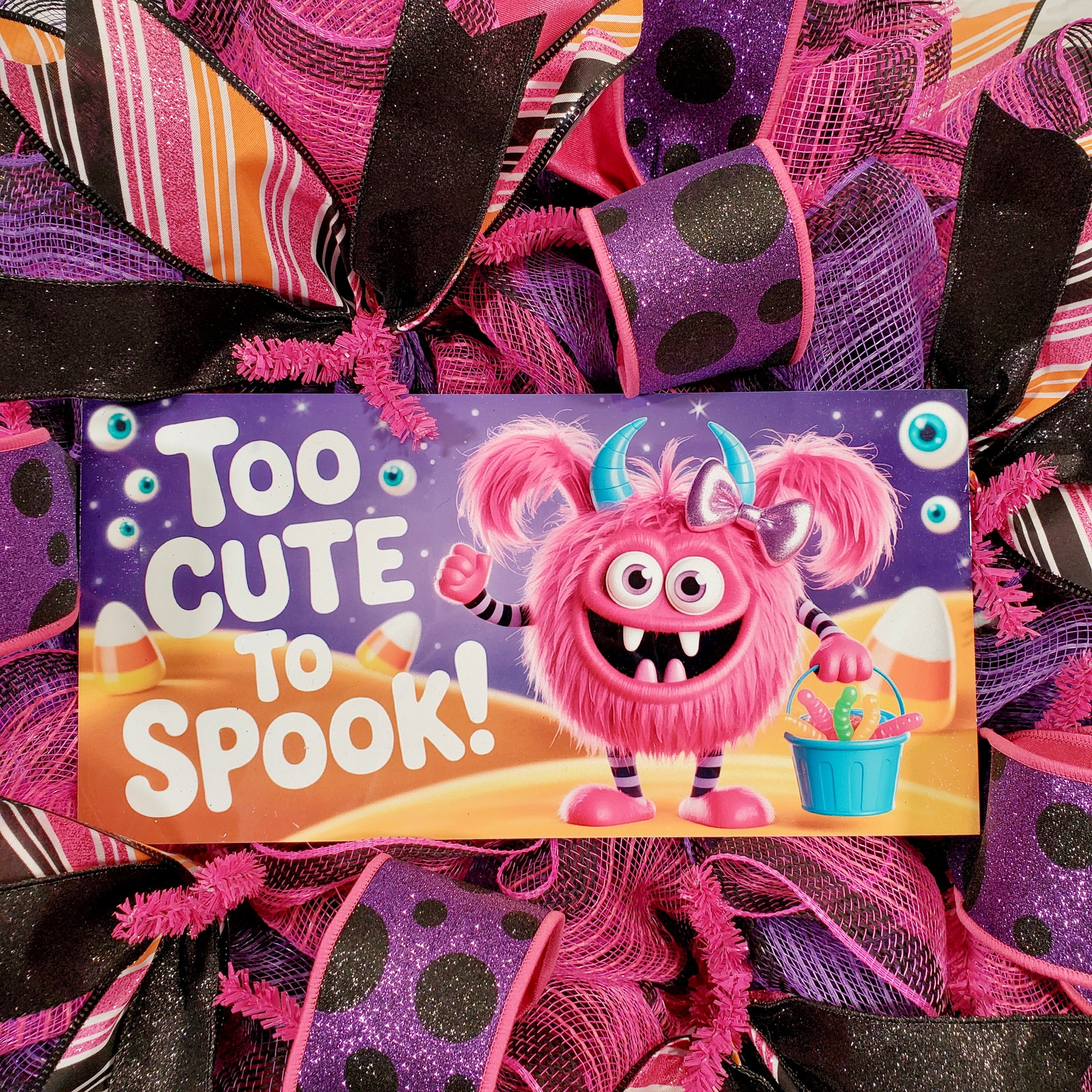 Too Cute to Spook Halloween Wreath with Pink Monster Sign, Sparkly Ribbon & Whimsical Colors