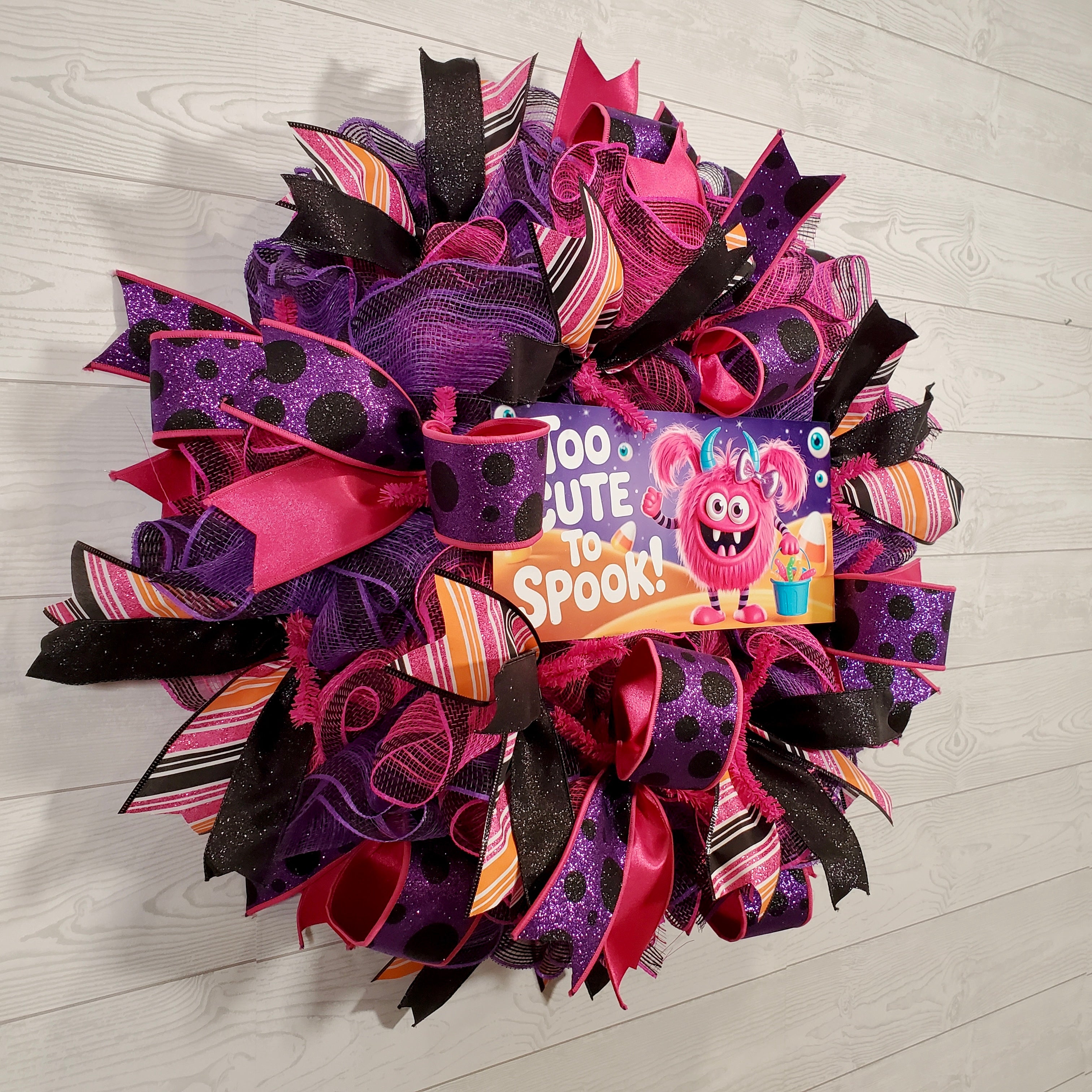 Too Cute to Spook Halloween Wreath with Pink Monster Sign, Sparkly Ribbon & Whimsical Colors