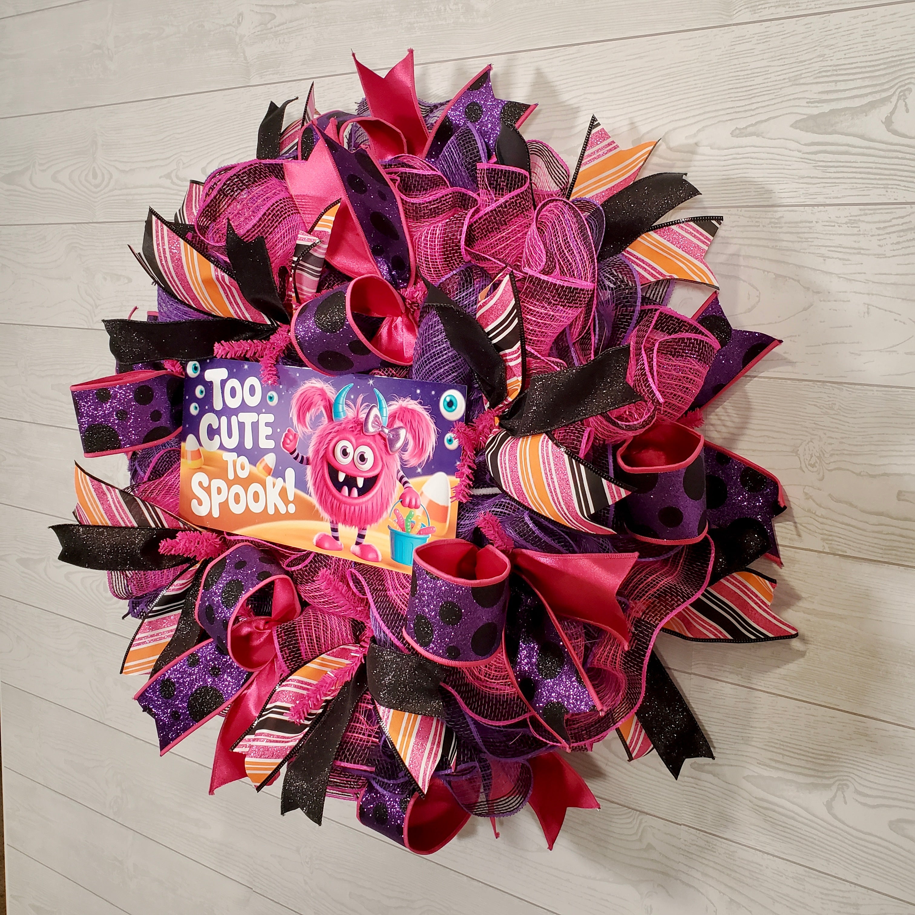 Too Cute to Spook Halloween Wreath with Pink Monster Sign, Sparkly Ribbon & Whimsical Colors