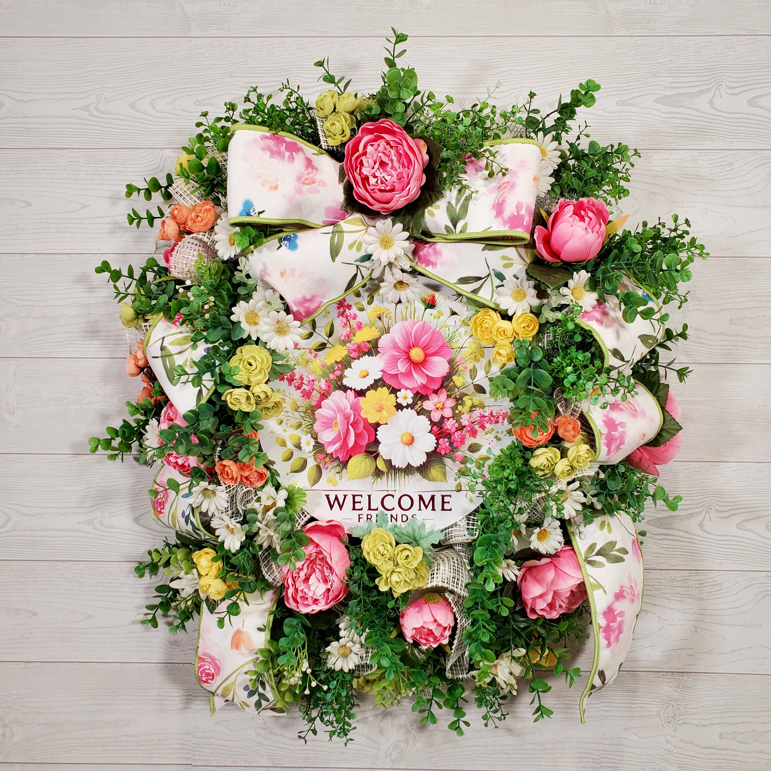 Floral Welcome Wreath with Pink Peonies, Spring Greenery & Colorful Garden Blooms