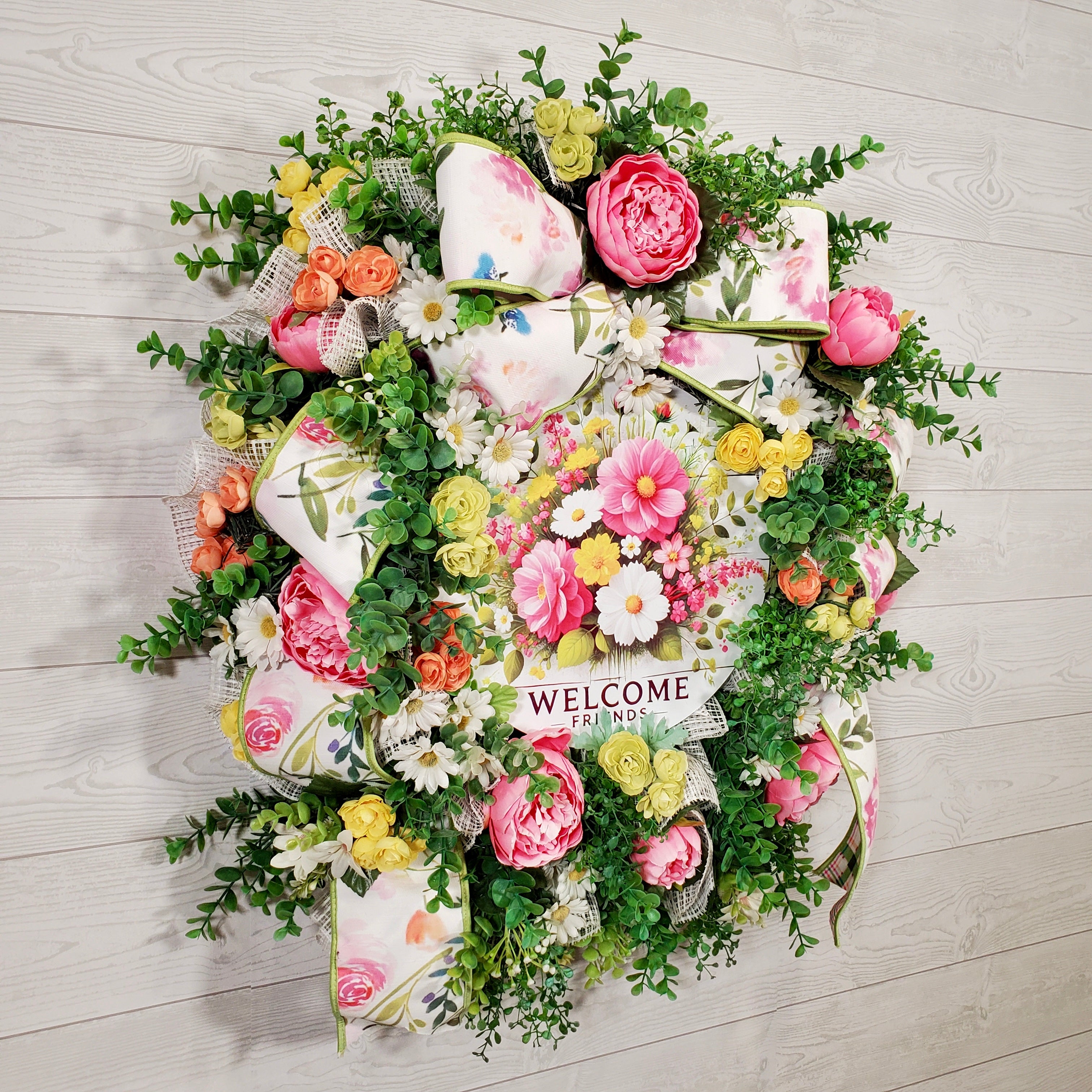 Floral Welcome Wreath with Pink Peonies, Spring Greenery & Colorful Garden Blooms