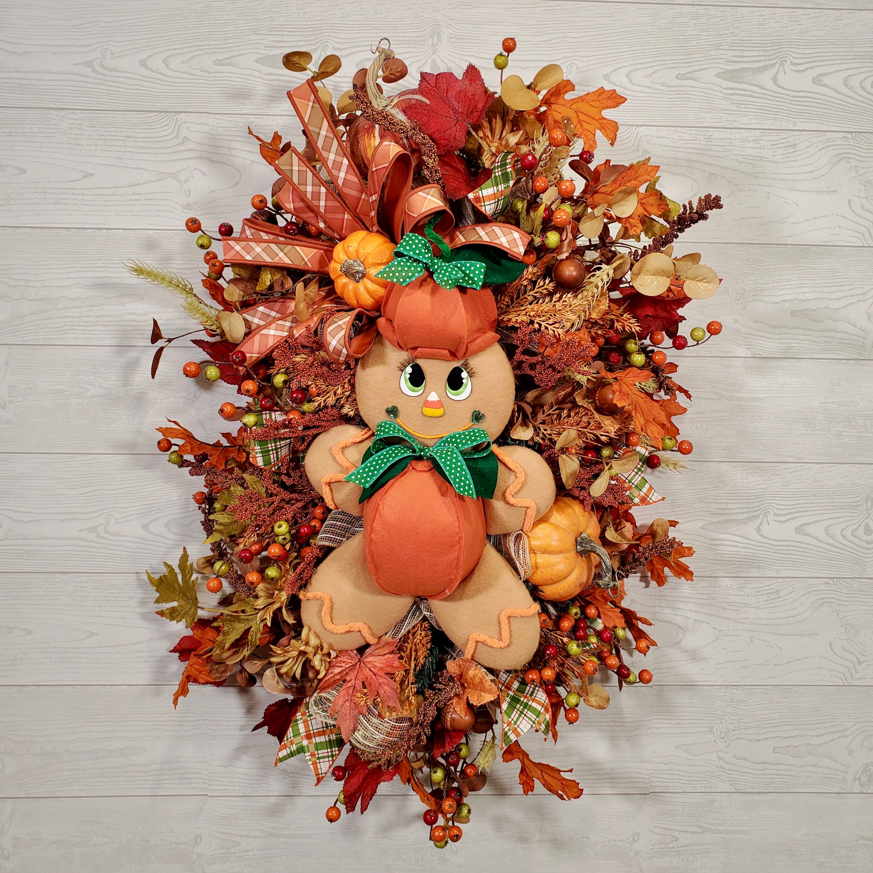 Fall Pumpkin Girl Wreath with Plush Figurine, Autumn Leaves, Ribbons & Harvest Accents