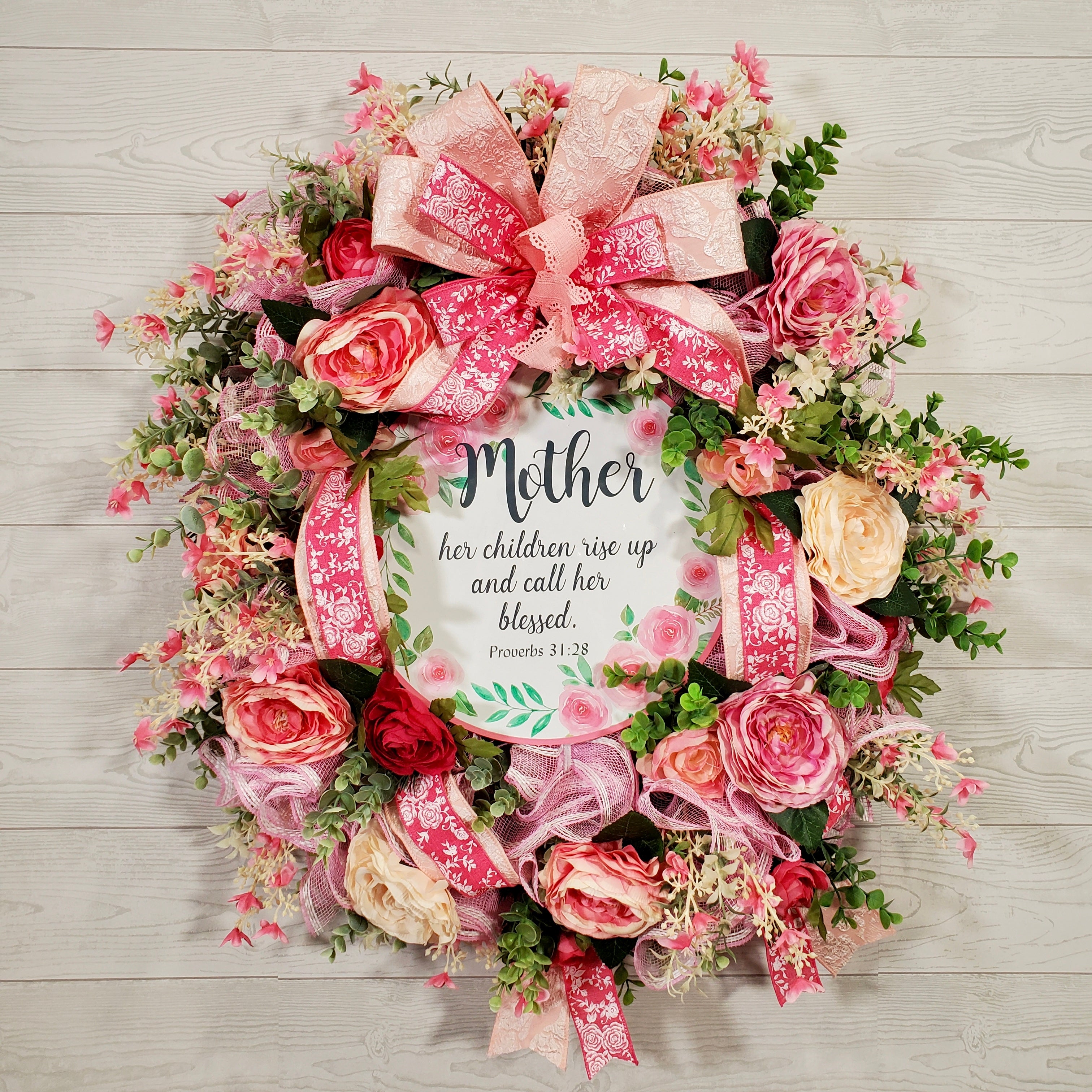 Mother’s Day Floral Wreath with Scripture Sign, Pink Roses, Ribbons & Spring Greenery