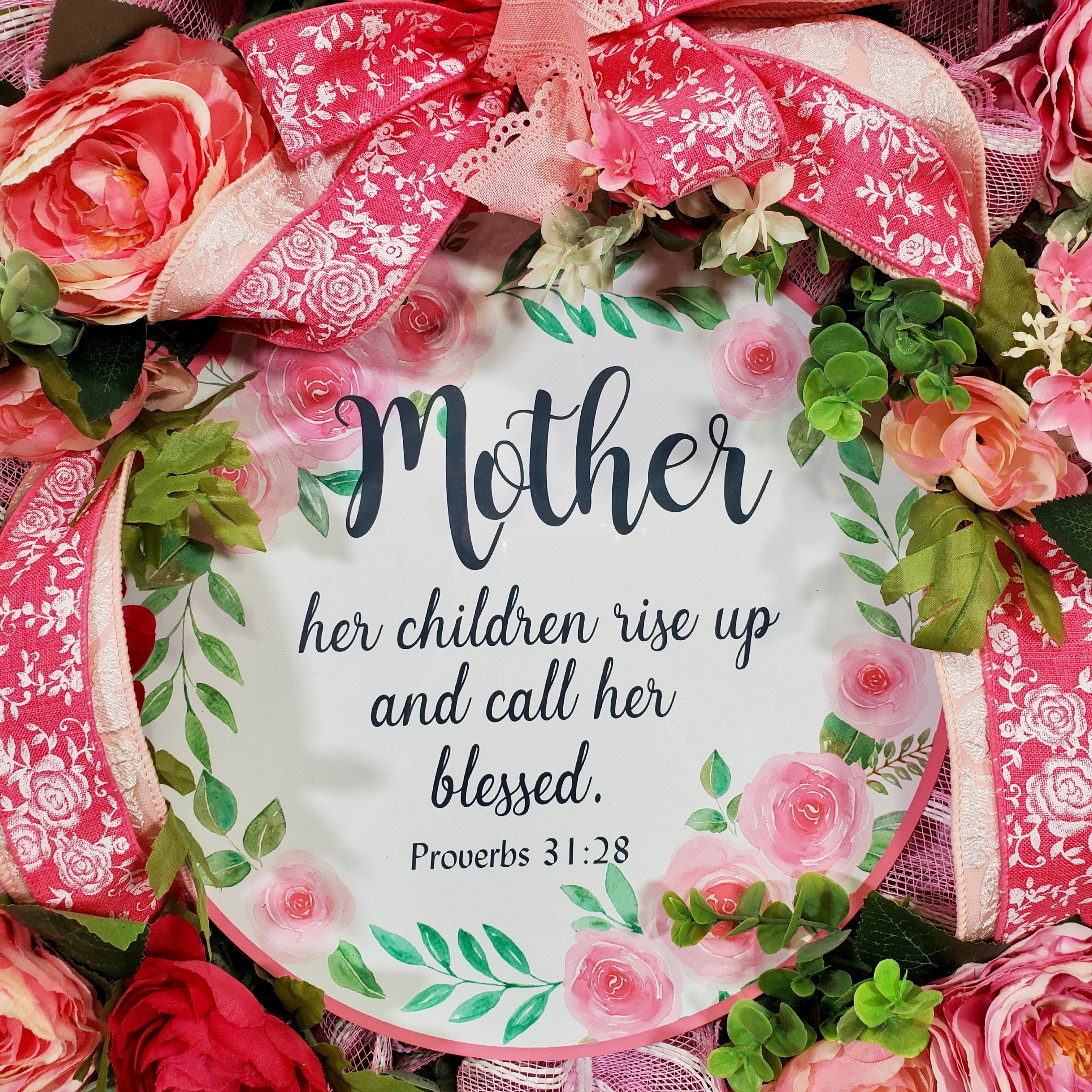 Mother’s Day Floral Wreath with Scripture Sign, Pink Roses, Ribbons & Spring Greenery