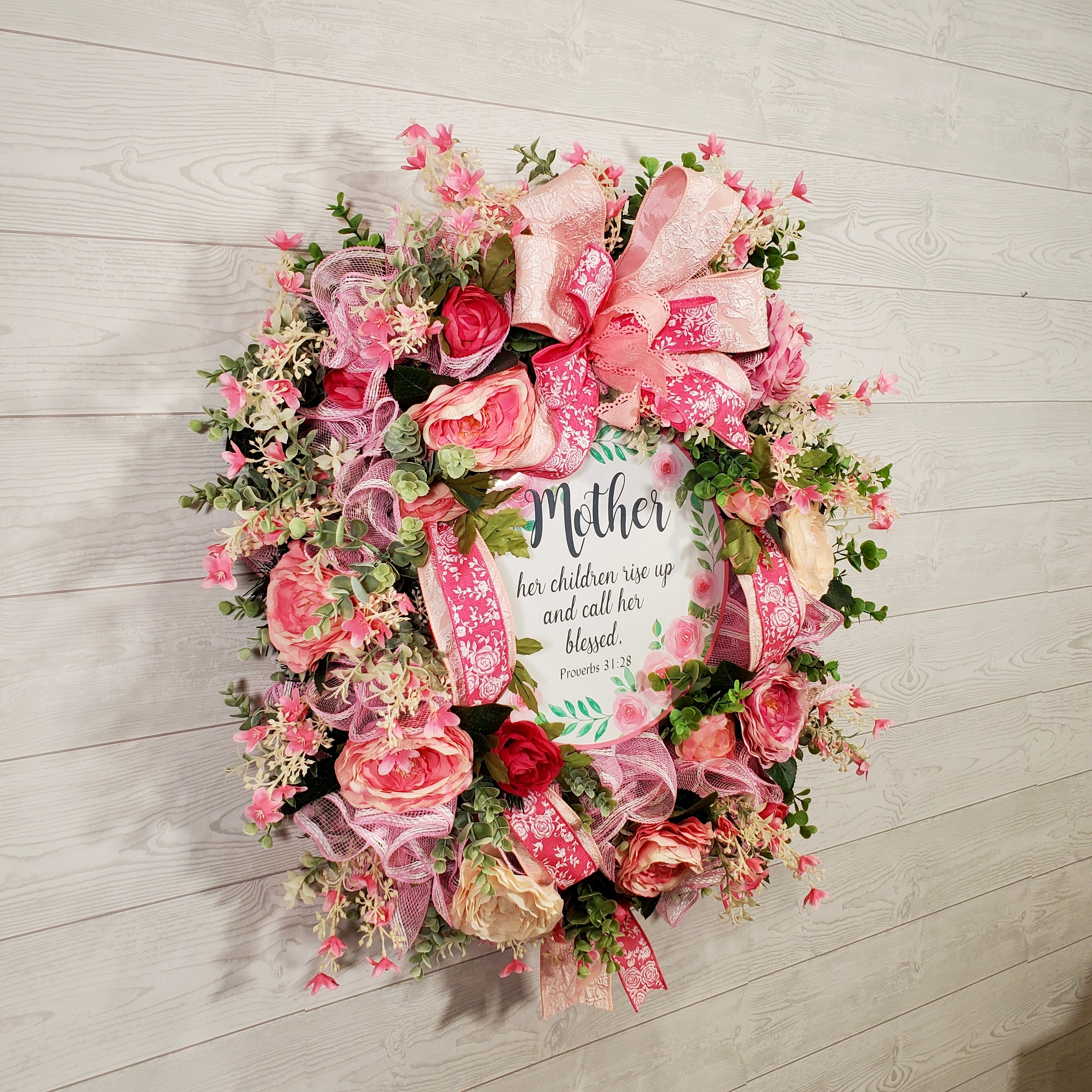Mother’s Day Floral Wreath with Scripture Sign, Pink Roses, Ribbons & Spring Greenery