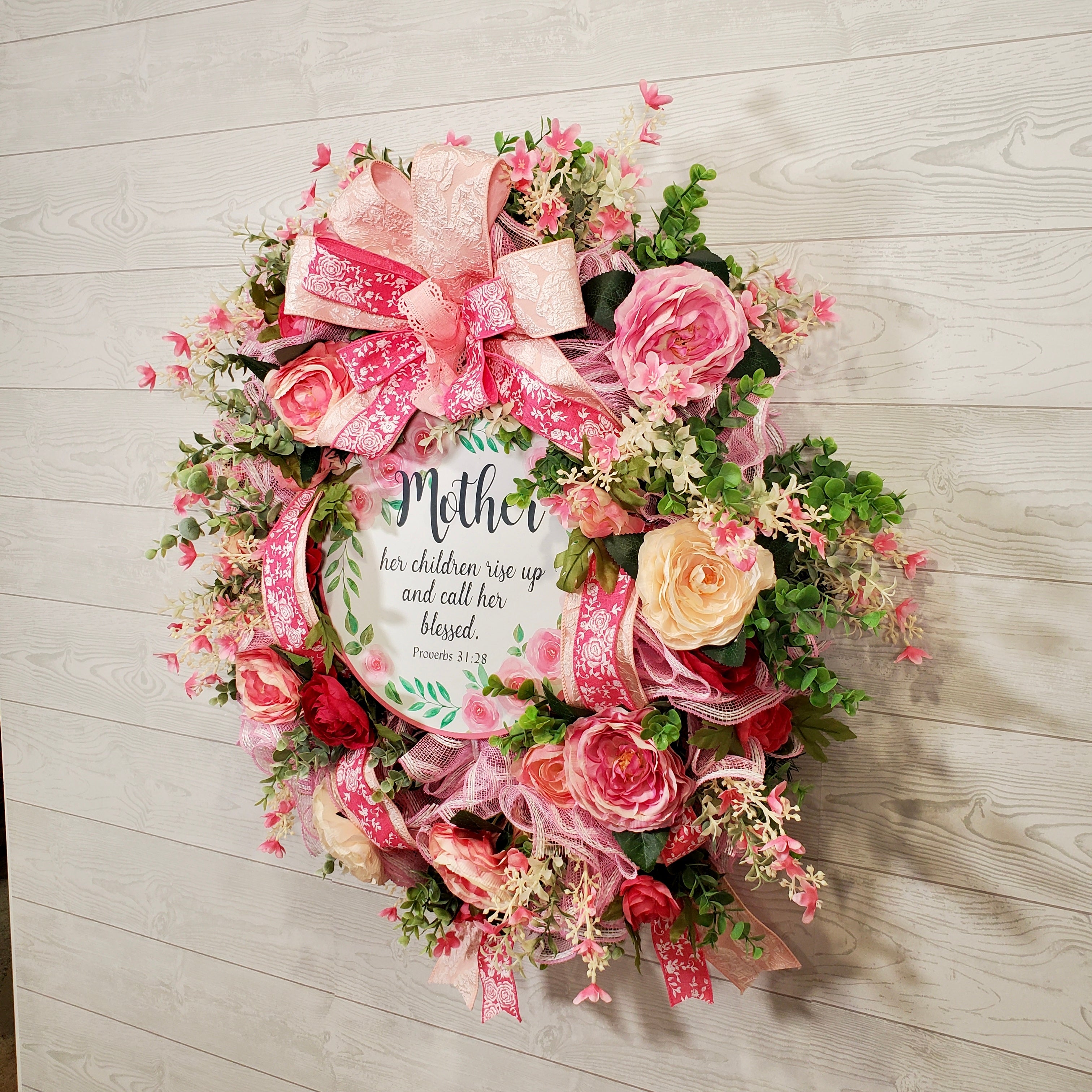 Mother’s Day Floral Wreath with Scripture Sign, Pink Roses, Ribbons & Spring Greenery