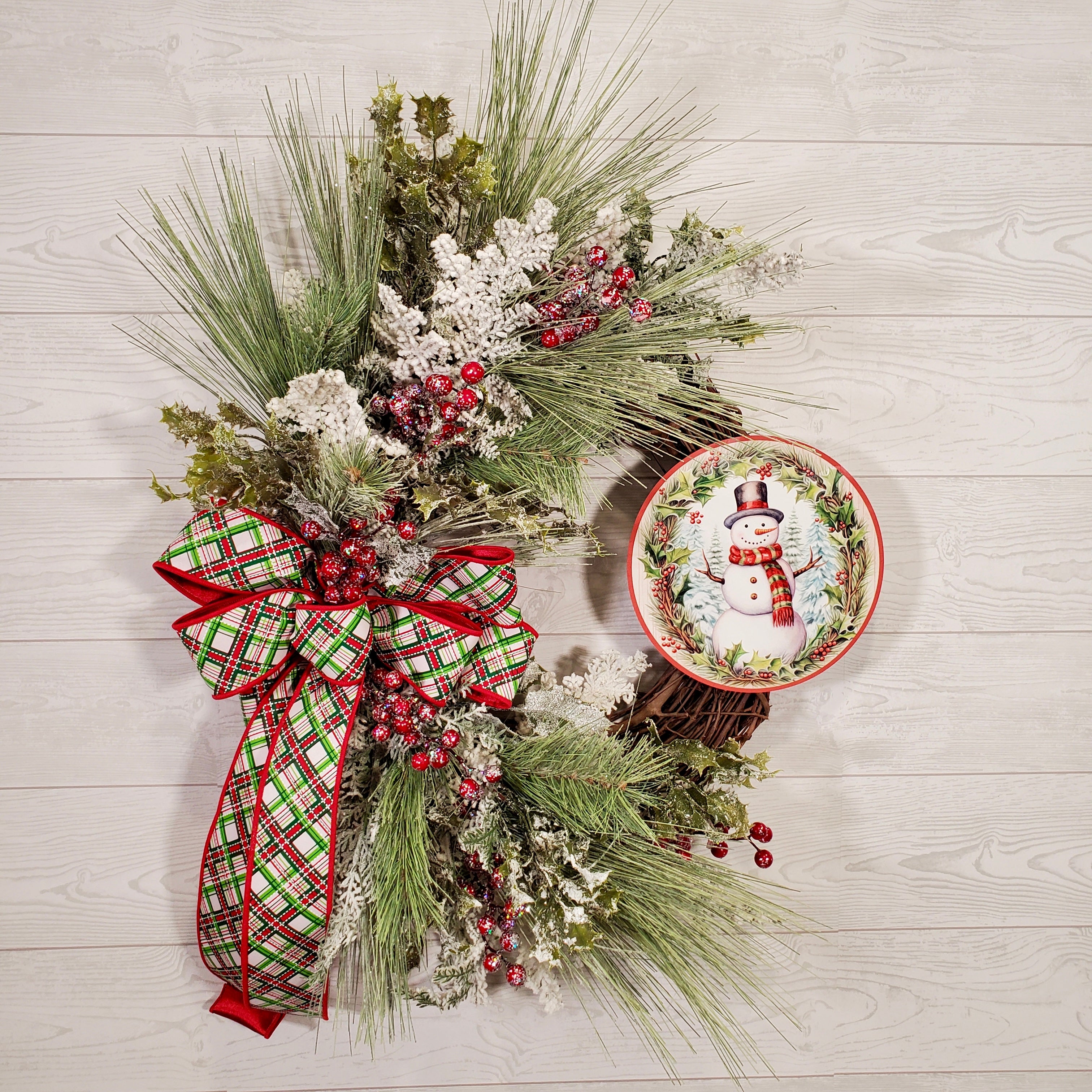Christmas Snowman Wreath with Plaid Bow, Frosted Greenery, Winter Berries & Holiday Accents