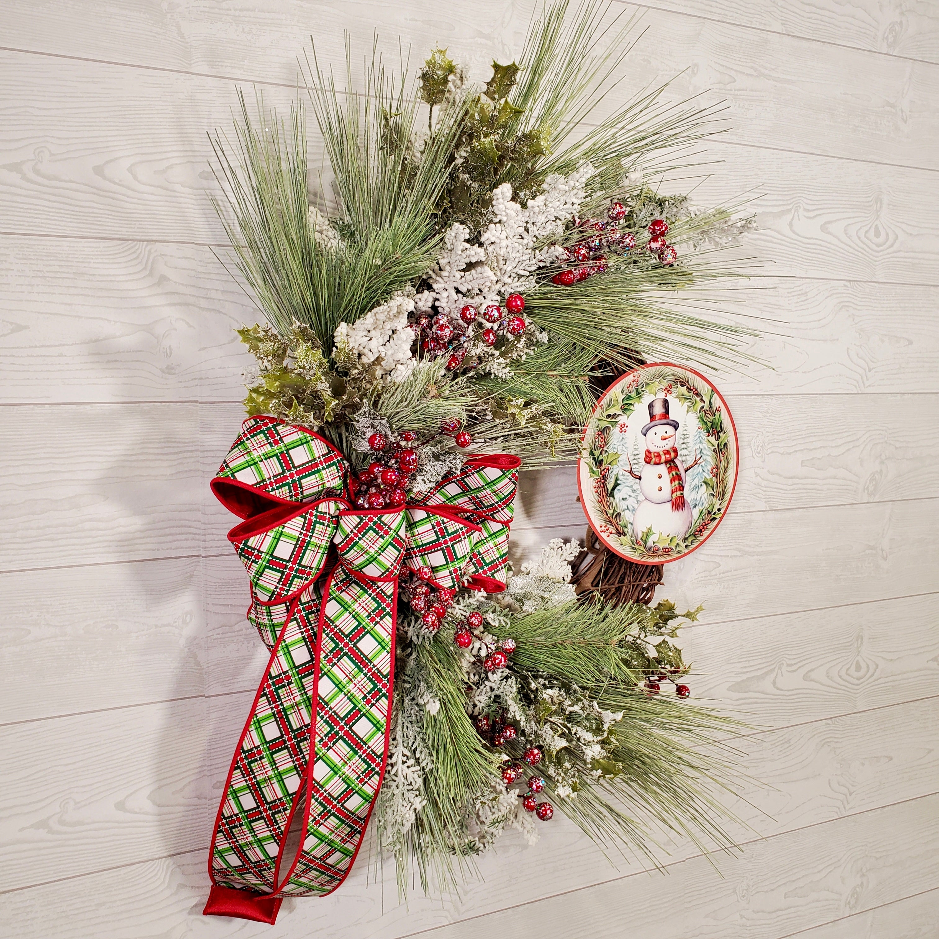 Christmas Snowman Wreath with Plaid Bow, Frosted Greenery, Winter Berries & Holiday Accents