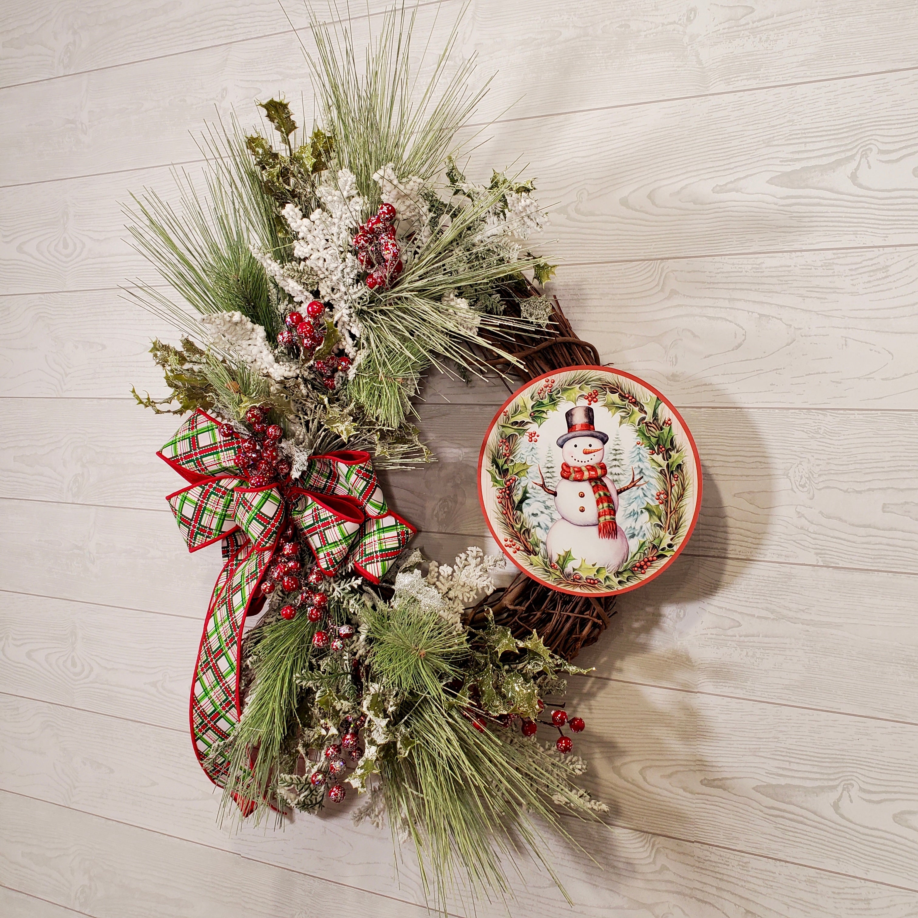 Christmas Snowman Wreath with Plaid Bow, Frosted Greenery, Winter Berries & Holiday Accents