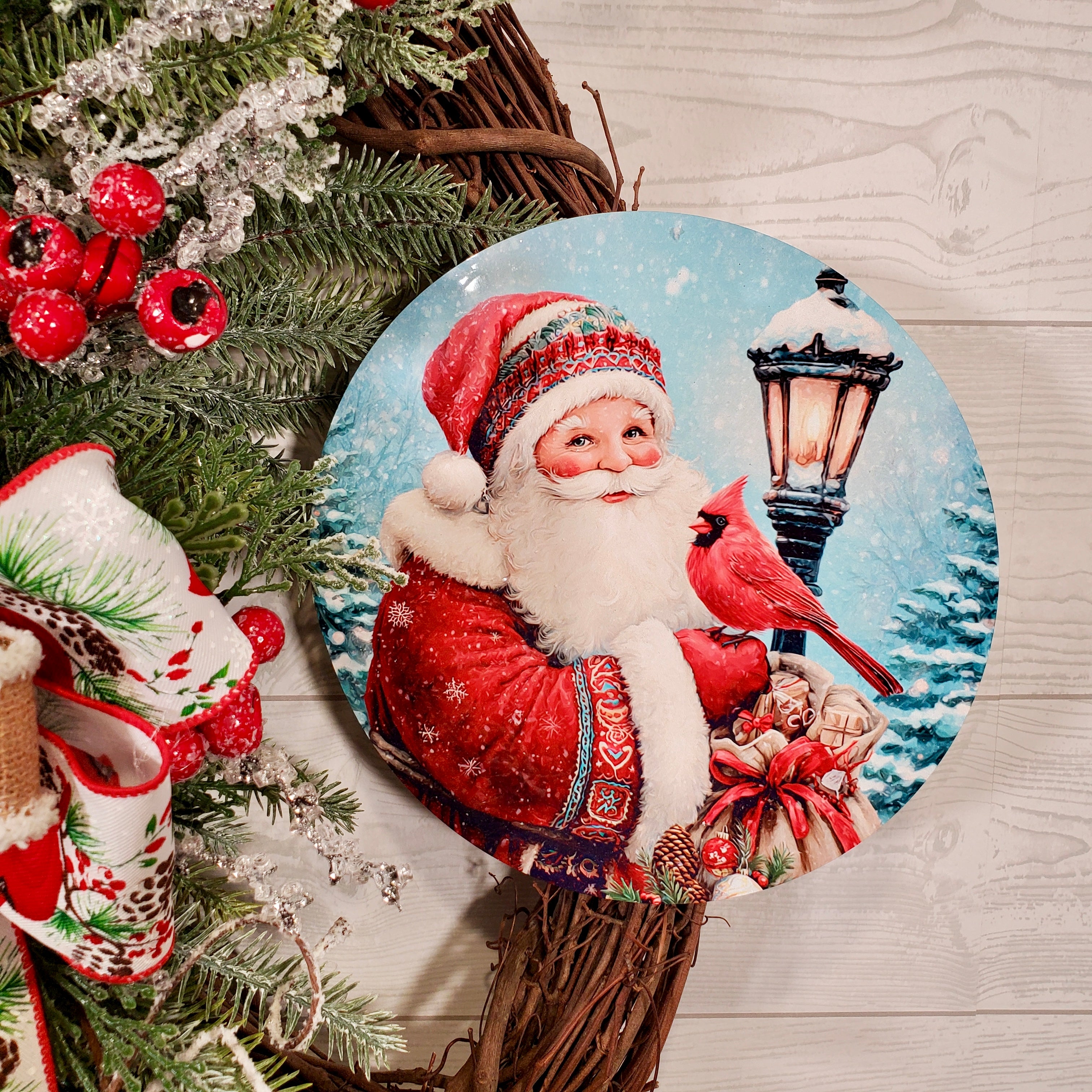 Santa Christmas Wreath with Cardinal Ribbon, Winter Greenery, Pinecones & Holiday Berries