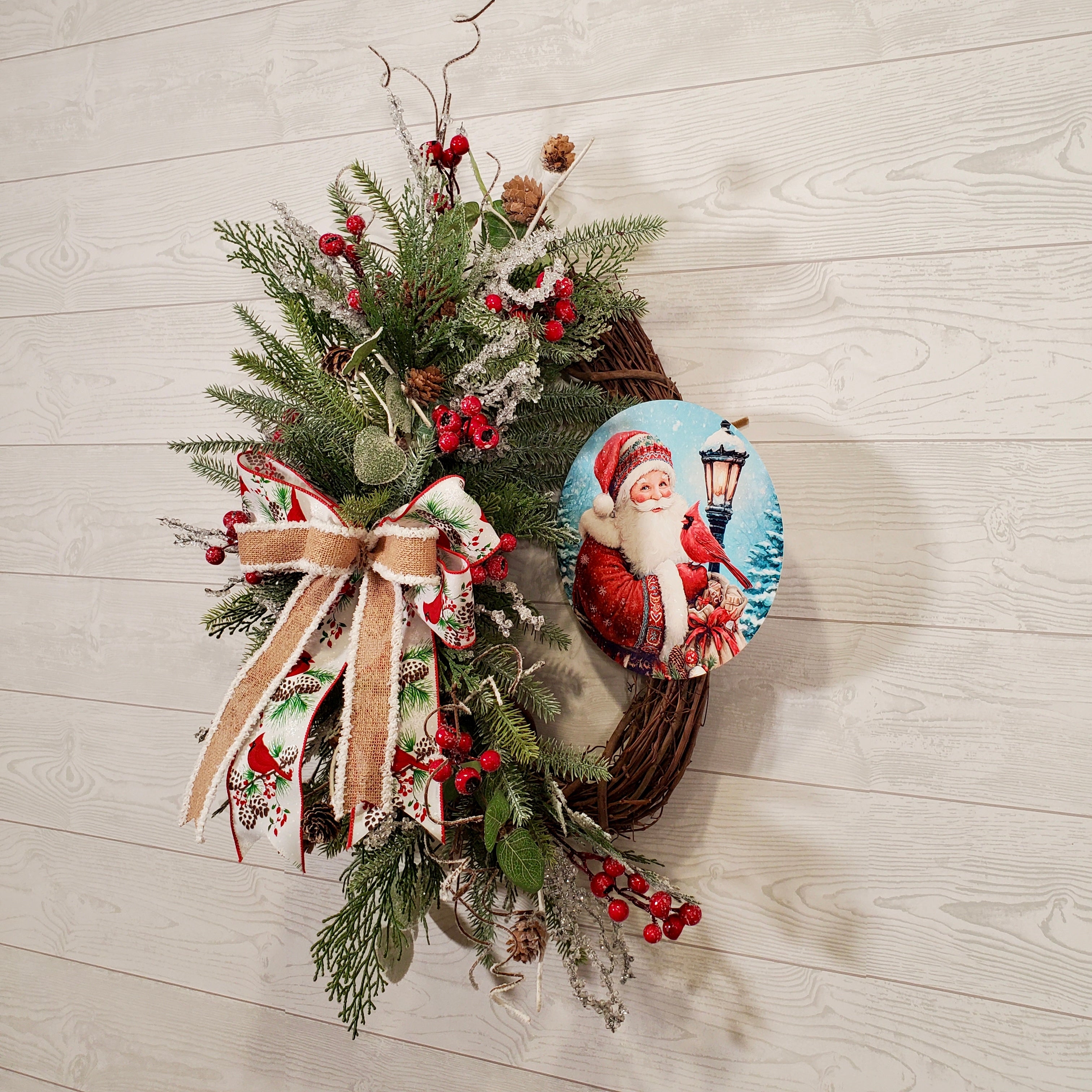 Santa Christmas Wreath with Cardinal Ribbon, Winter Greenery, Pinecones & Holiday Berries