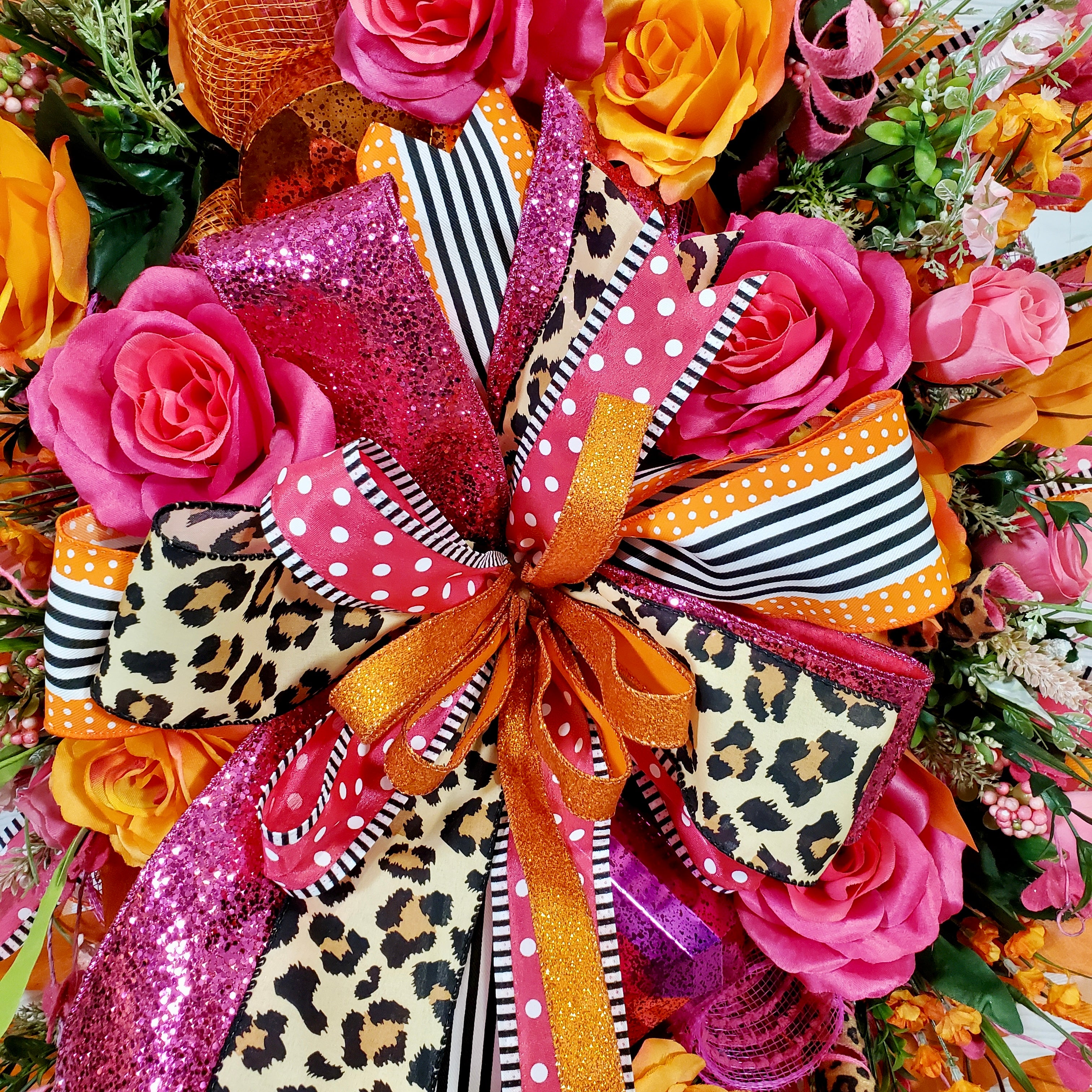 Hot Pink and Orange Floral Wreath with Leopard Bow, Bright Roses, Glam Ribbon & Lush Spring Greenery