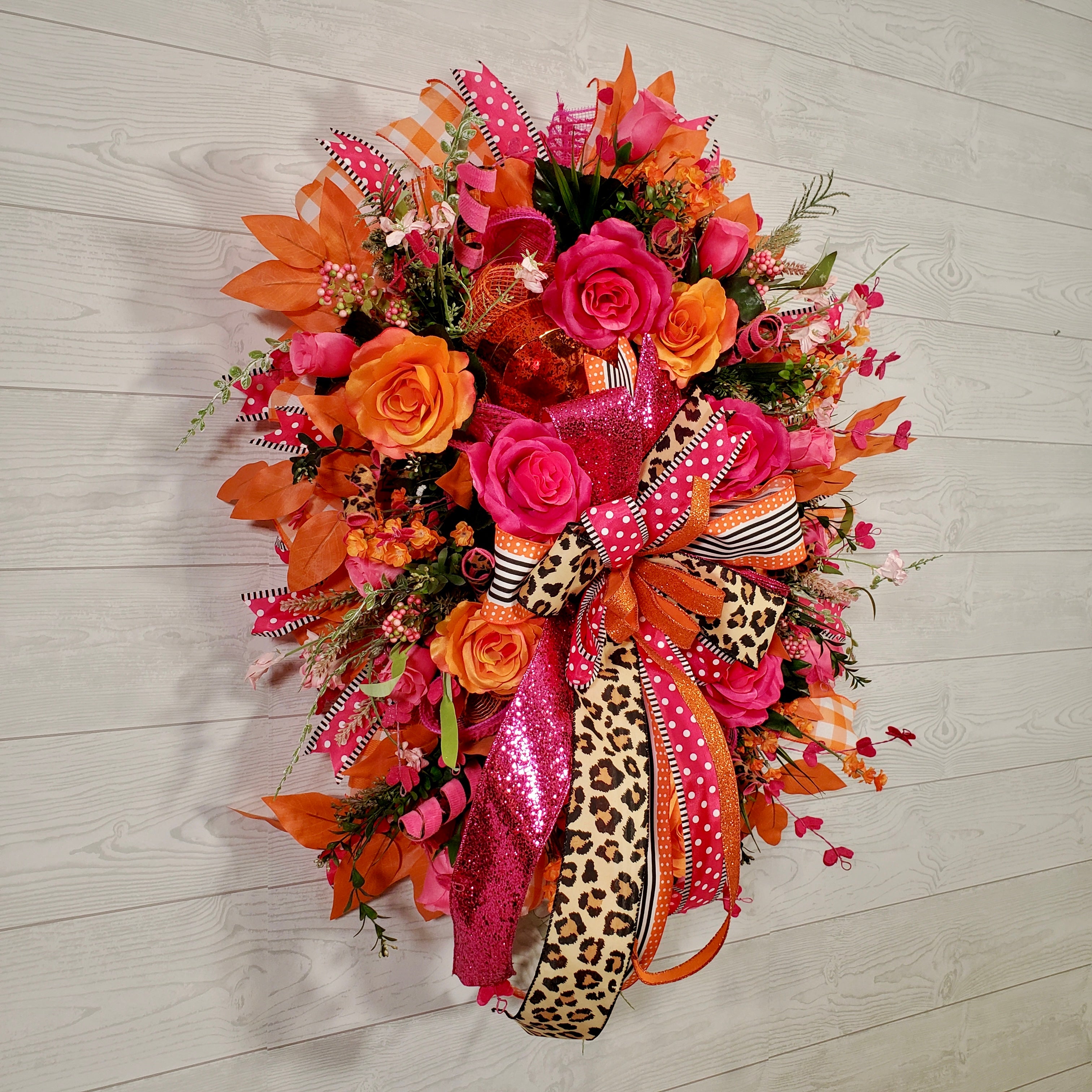 Hot Pink and Orange Floral Wreath with Leopard Bow, Bright Roses, Glam Ribbon & Lush Spring Greenery