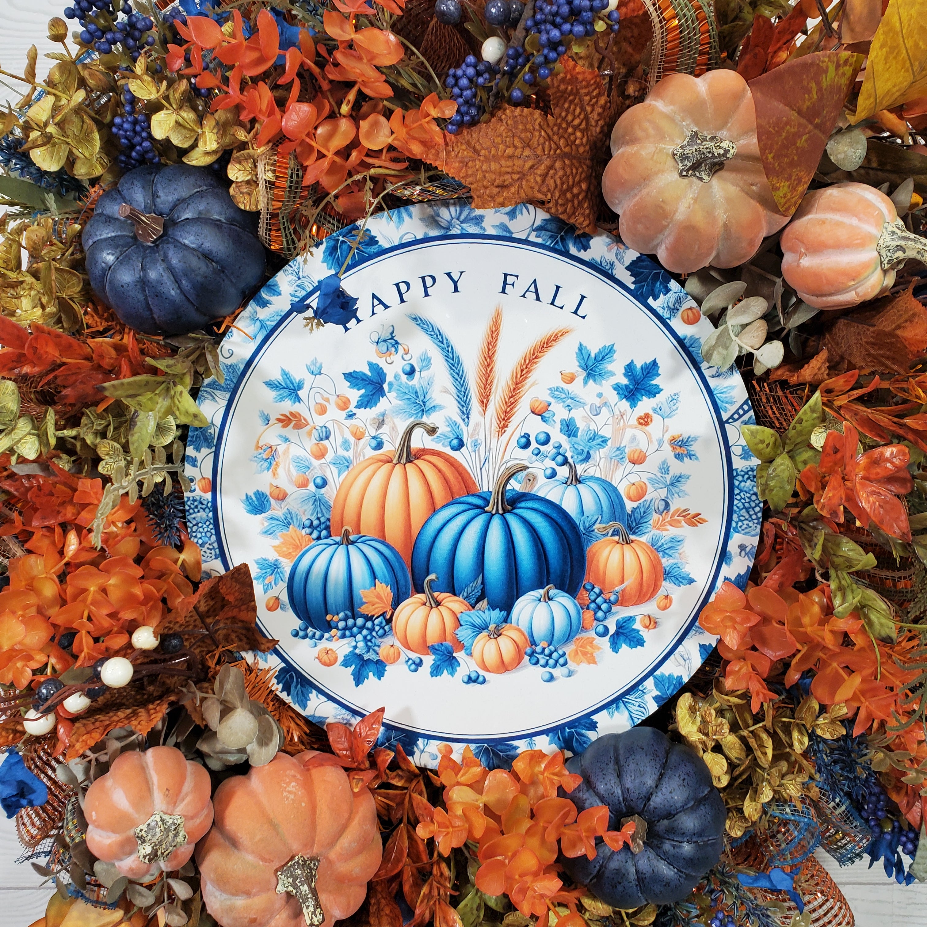 Happy Fall Pumpkin Wreath with Blue and Orange Pumpkins, Autumn Florals, Harvest Leaves, and Rustic Fall Texture