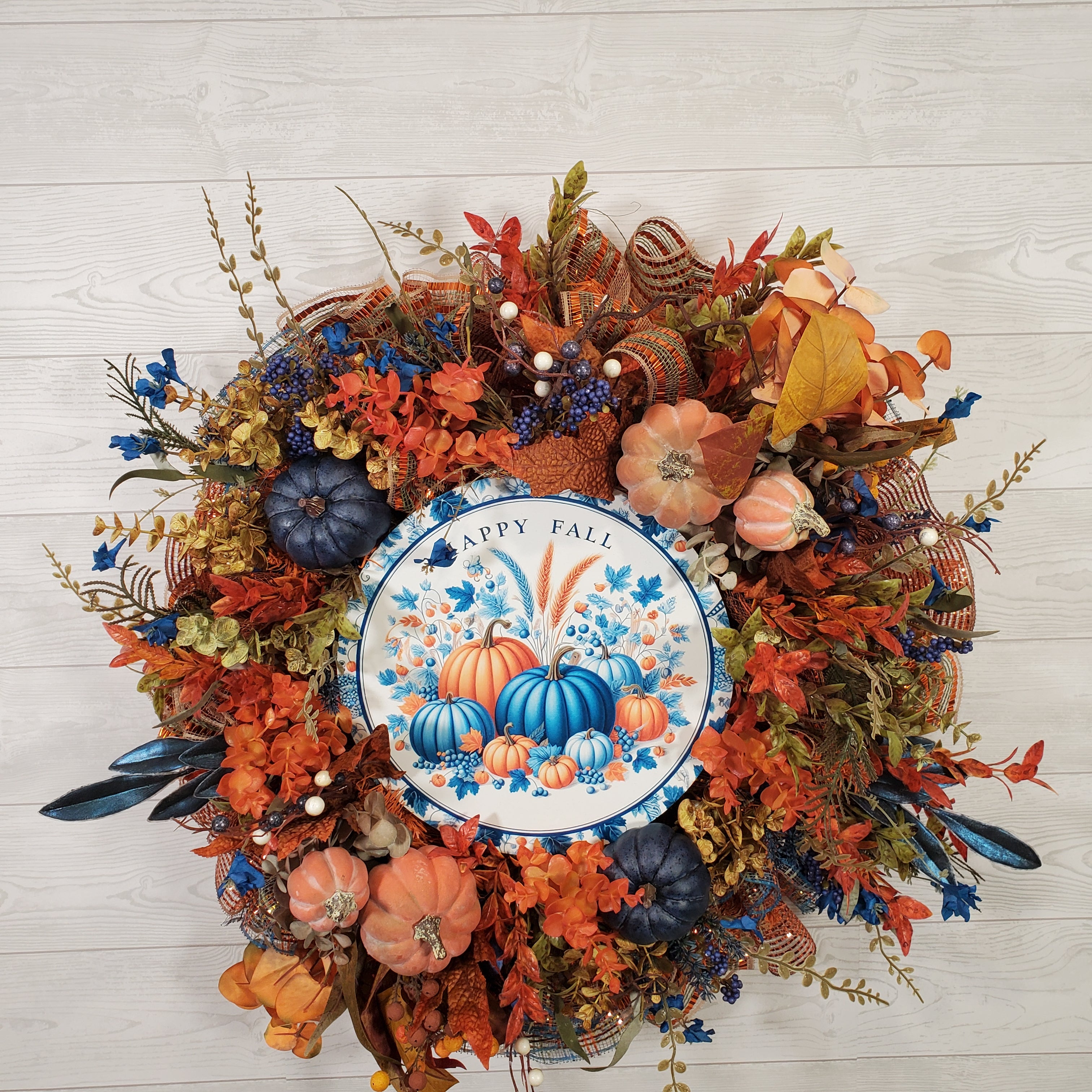 Happy Fall Pumpkin Wreath with Blue and Orange Pumpkins, Autumn Florals, Harvest Leaves, and Rustic Fall Texture