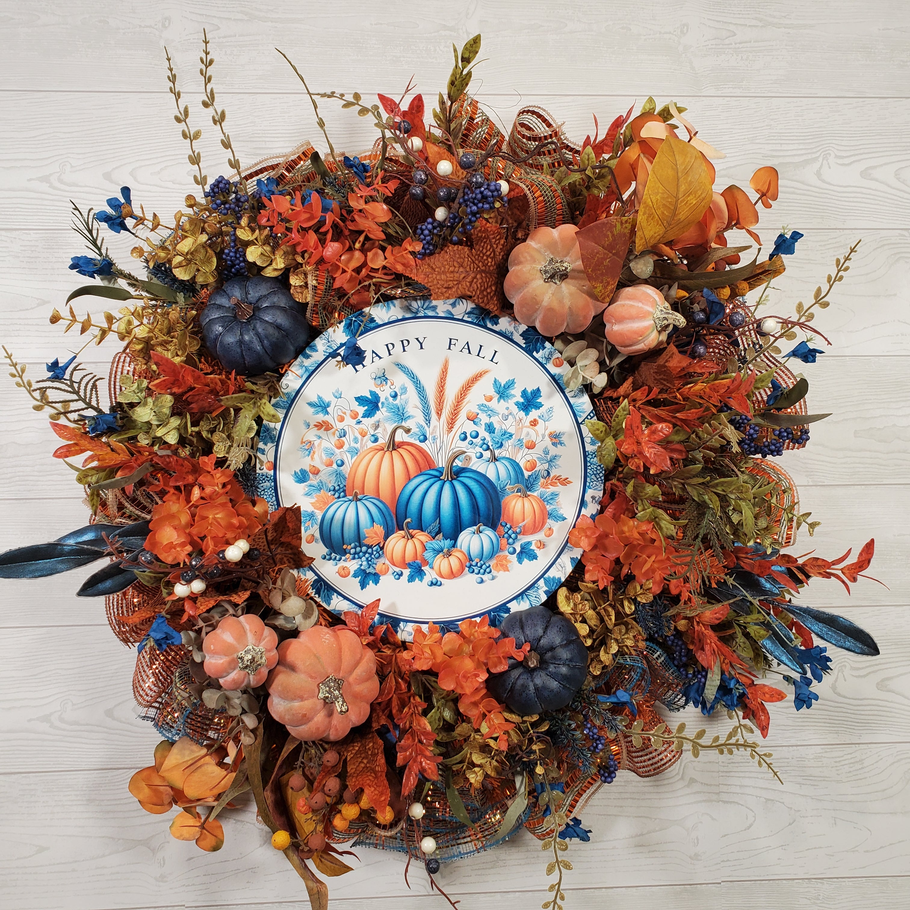 Happy Fall Pumpkin Wreath with Blue and Orange Pumpkins, Autumn Florals, Harvest Leaves, and Rustic Fall Texture