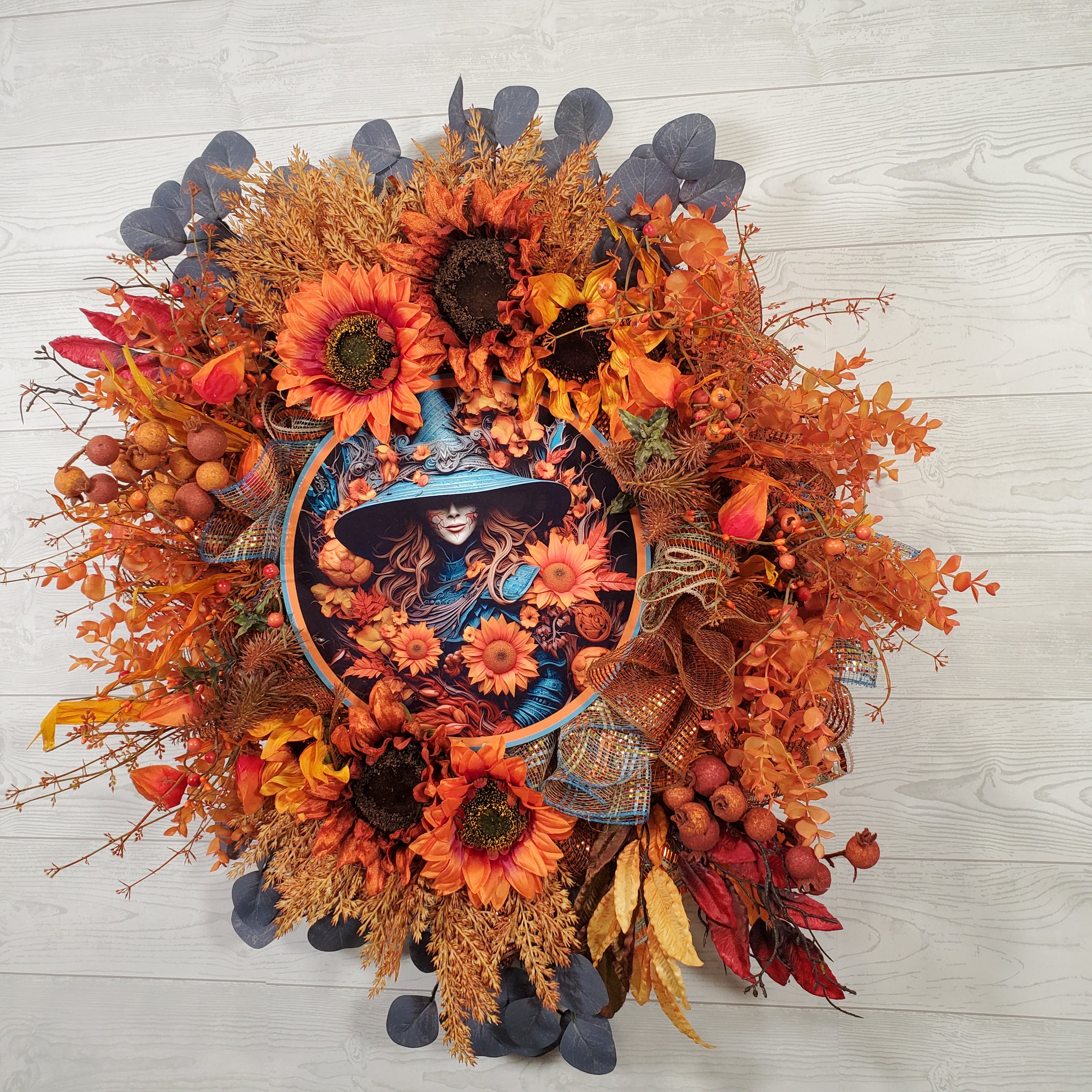 Autumn Witch Sunflower Wreath with Orange Fall Florals, Harvest Leaves, and Moody Botanical Accents for Front Door Decor