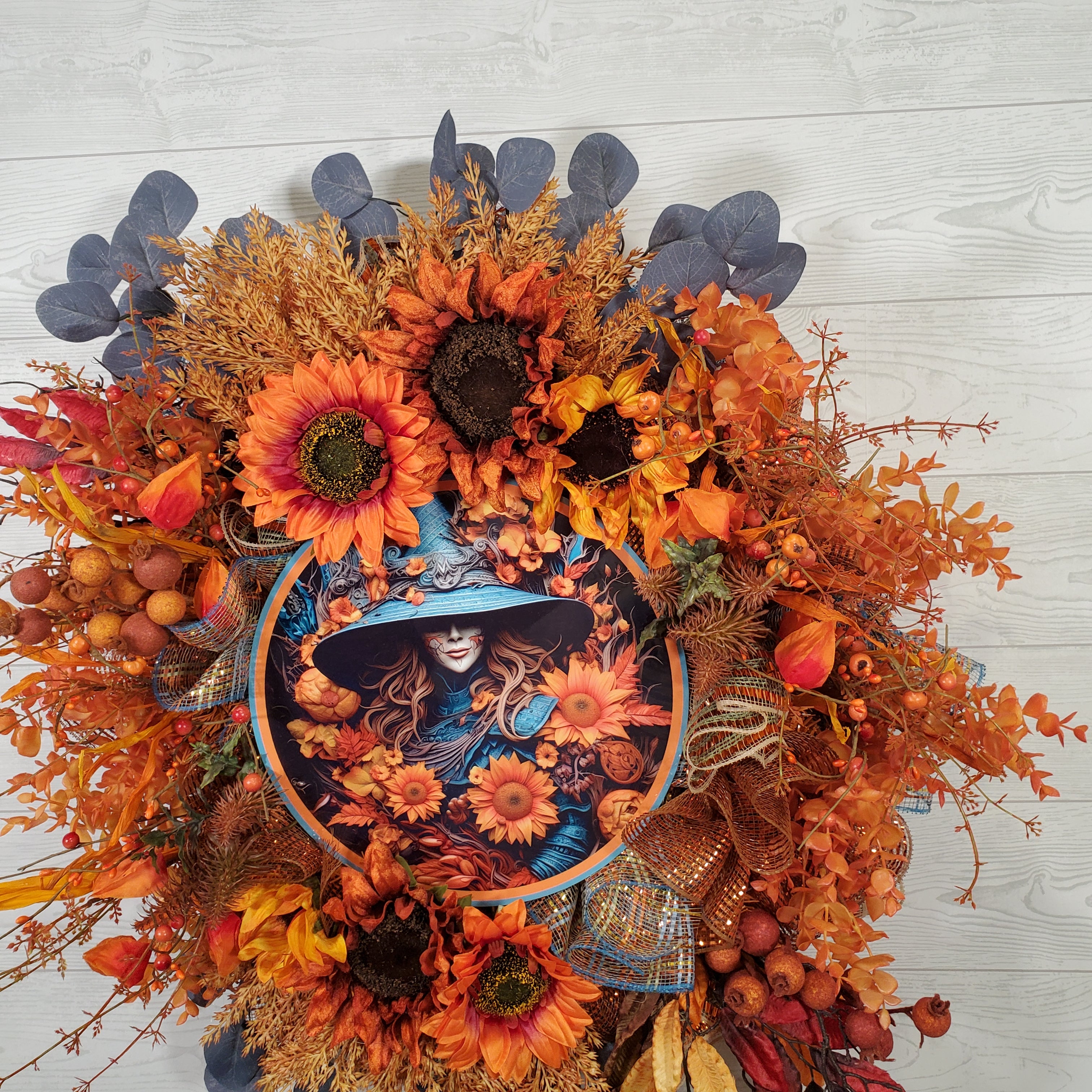 Autumn Witch Sunflower Wreath with Orange Fall Florals, Harvest Leaves, and Moody Botanical Accents for Front Door Decor