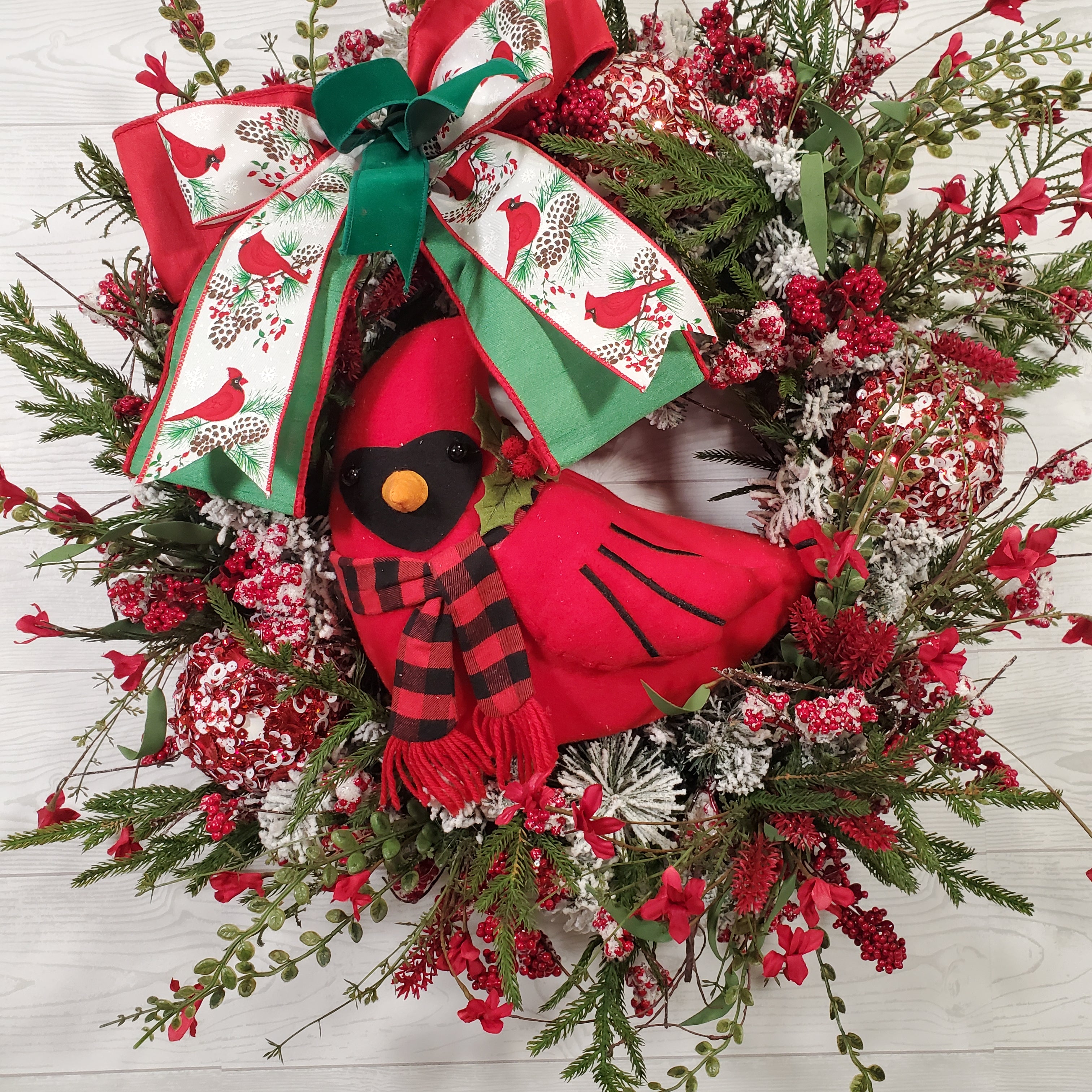 Cardinal Christmas Wreath with Red Berry Greenery, Festive Bow, Winter Foliage, and Classic Holiday Charm