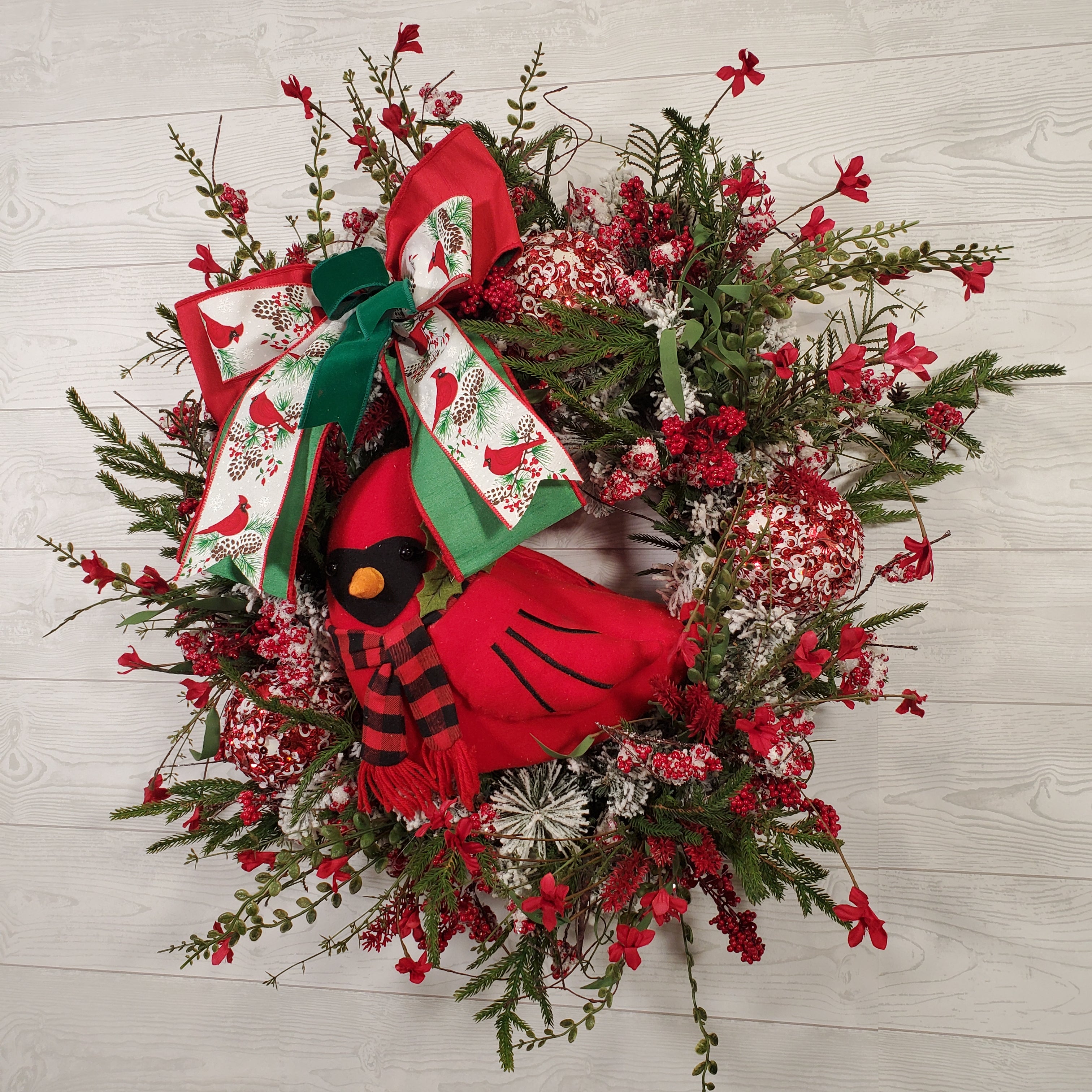 Cardinal Christmas Wreath with Red Berry Greenery, Festive Bow, Winter Foliage, and Classic Holiday Charm