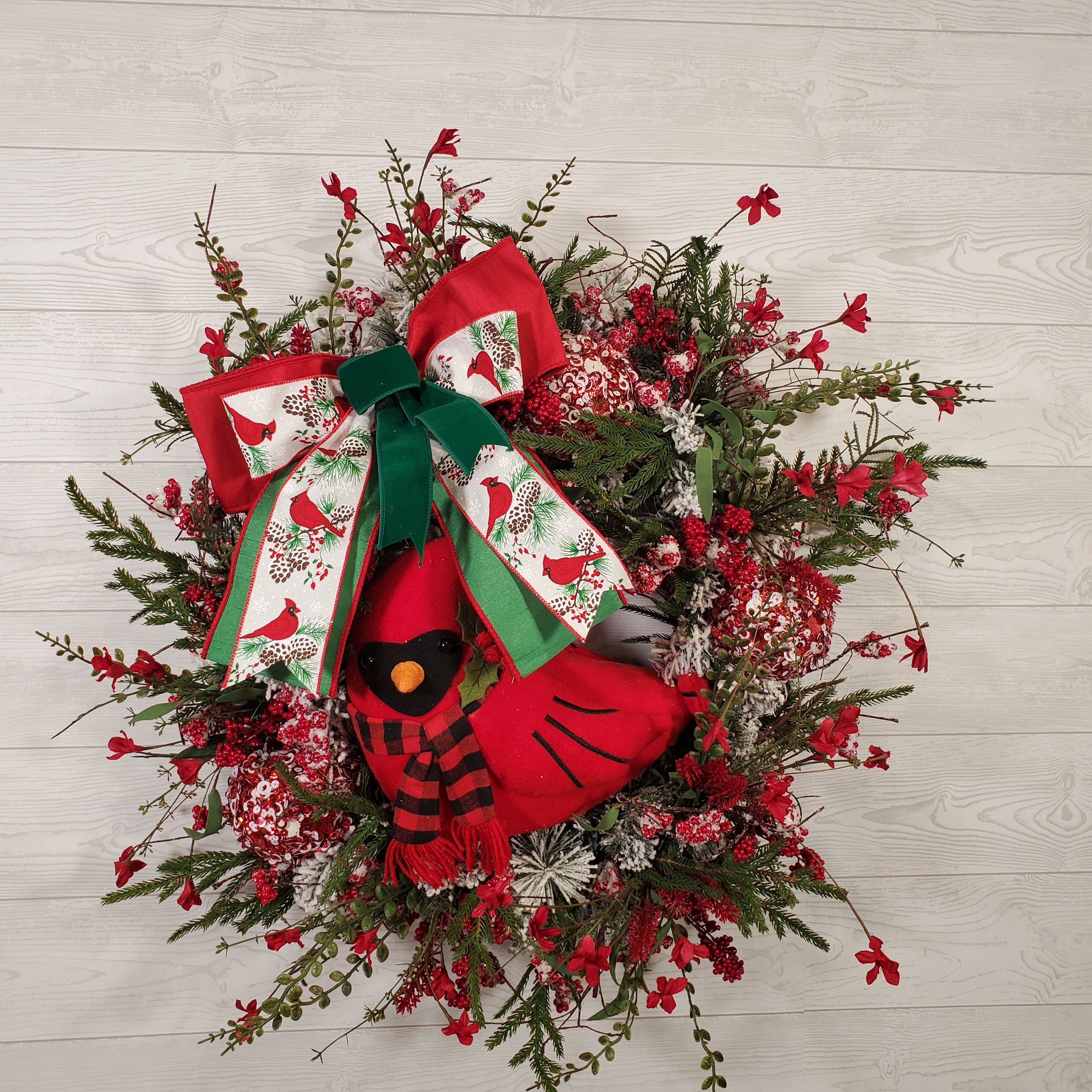 Cardinal Christmas Wreath with Red Berry Greenery, Festive Bow, Winter Foliage, and Classic Holiday Charm
