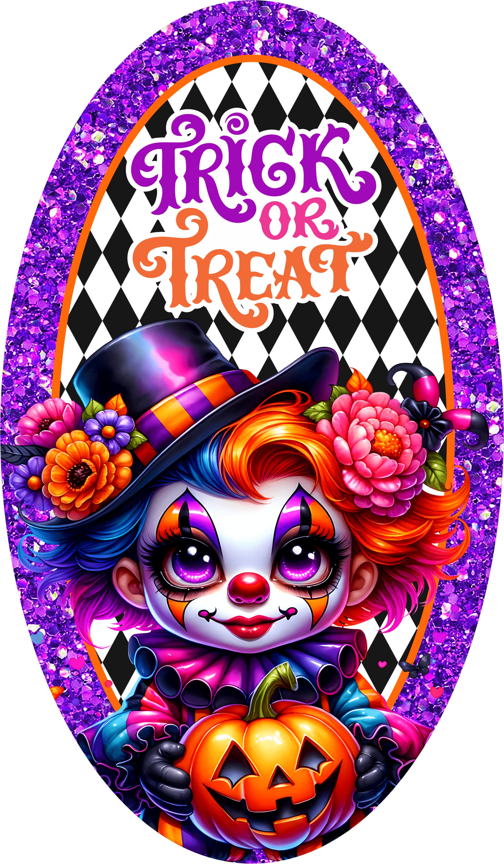Trick or Treat Clown Halloween Sign, Colorful Circus Girl with Pumpkin, Purple Glitter Harlequin Decor for Wreaths