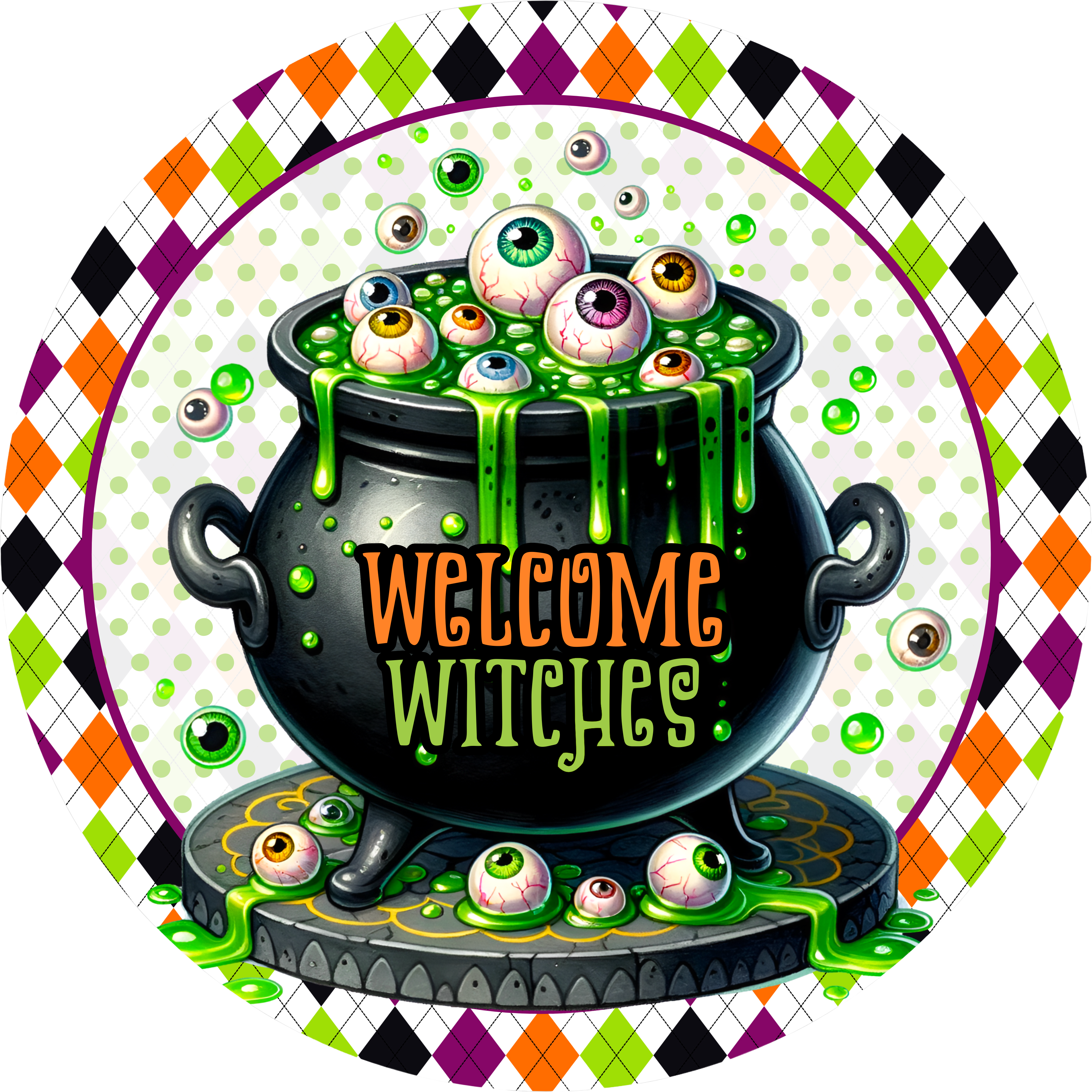 Welcome Witches Halloween Sign, Creepy Cauldron Eyeball Decor, Fun Spooky Witchy Wall Art