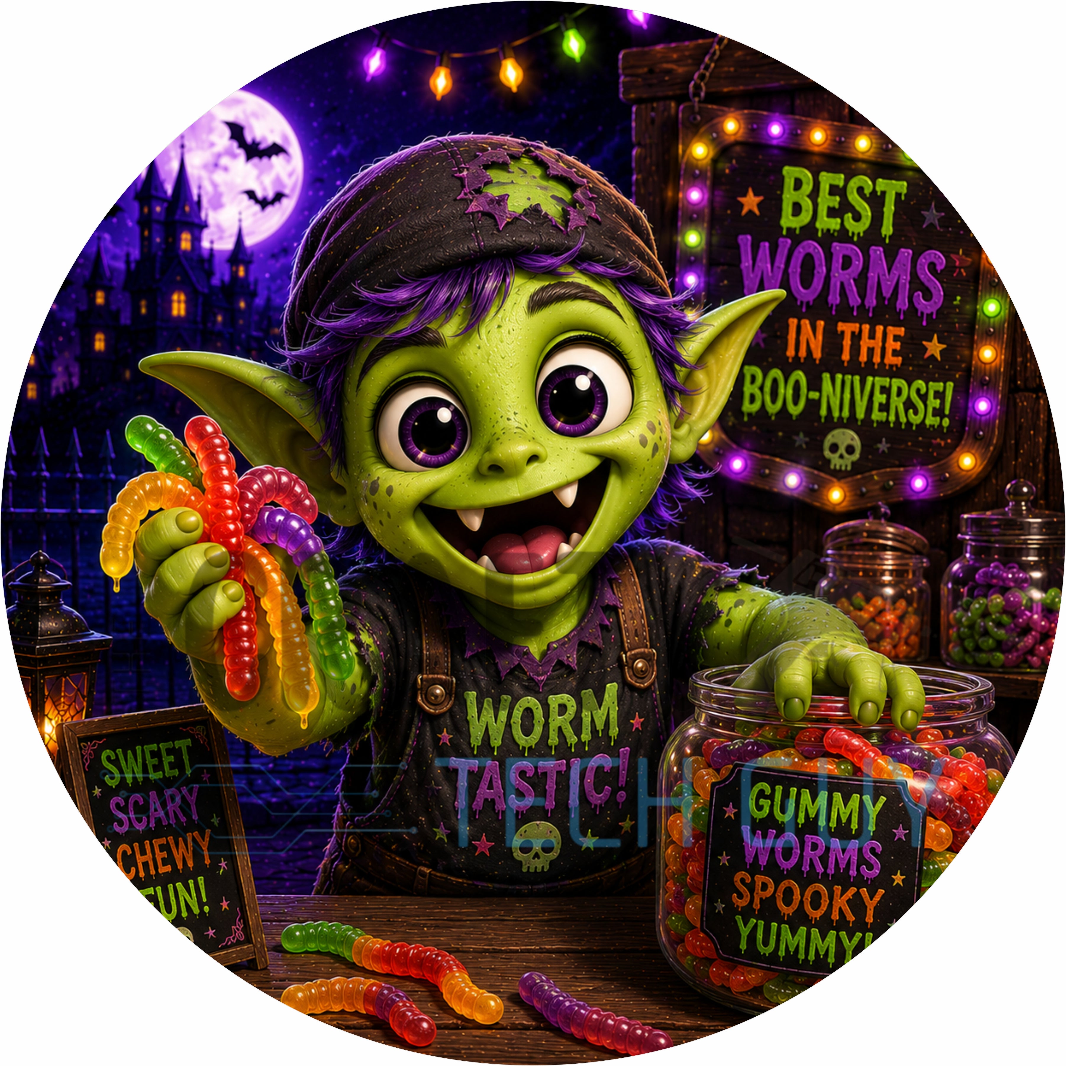 Gummy Worm Monster Halloween Round Wreath Sign