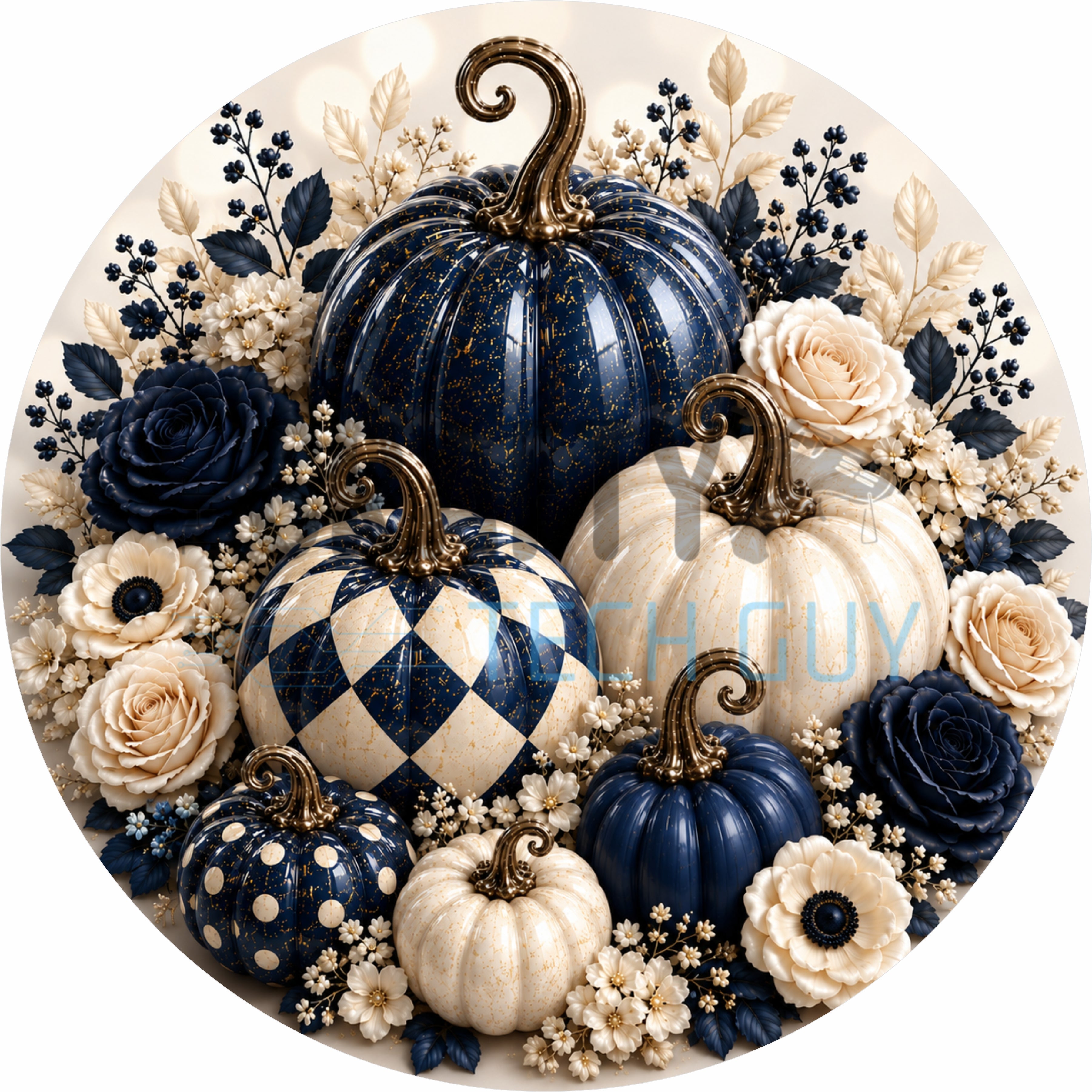 Navy & Cream Harvest Pumpkin Round Wreath Sign