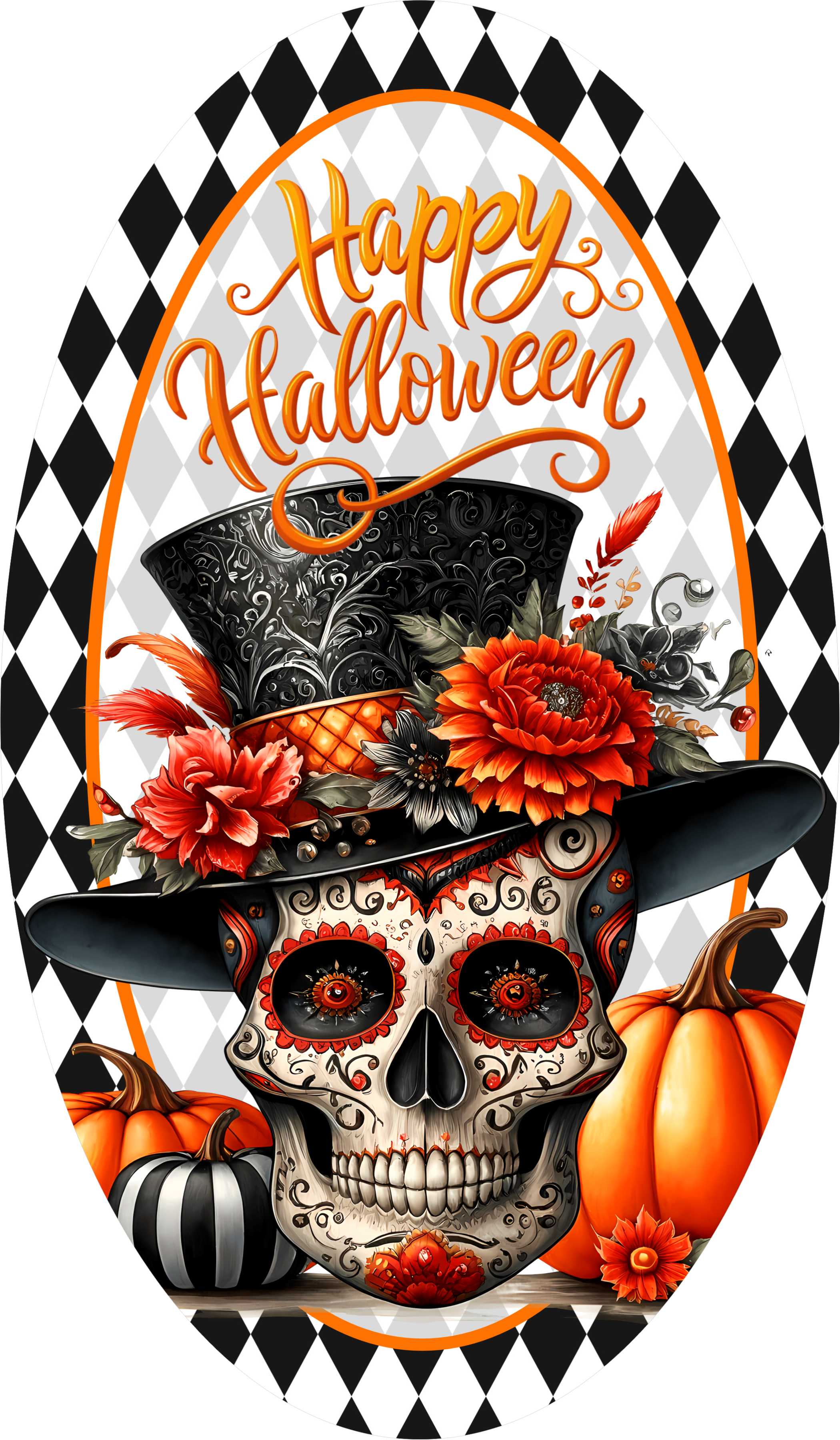 Elegant Skull Halloween Sign, Black Top Hat Sugar Skull Decor with Pumpkins, Orange Floral Harlequin Wreath Accent