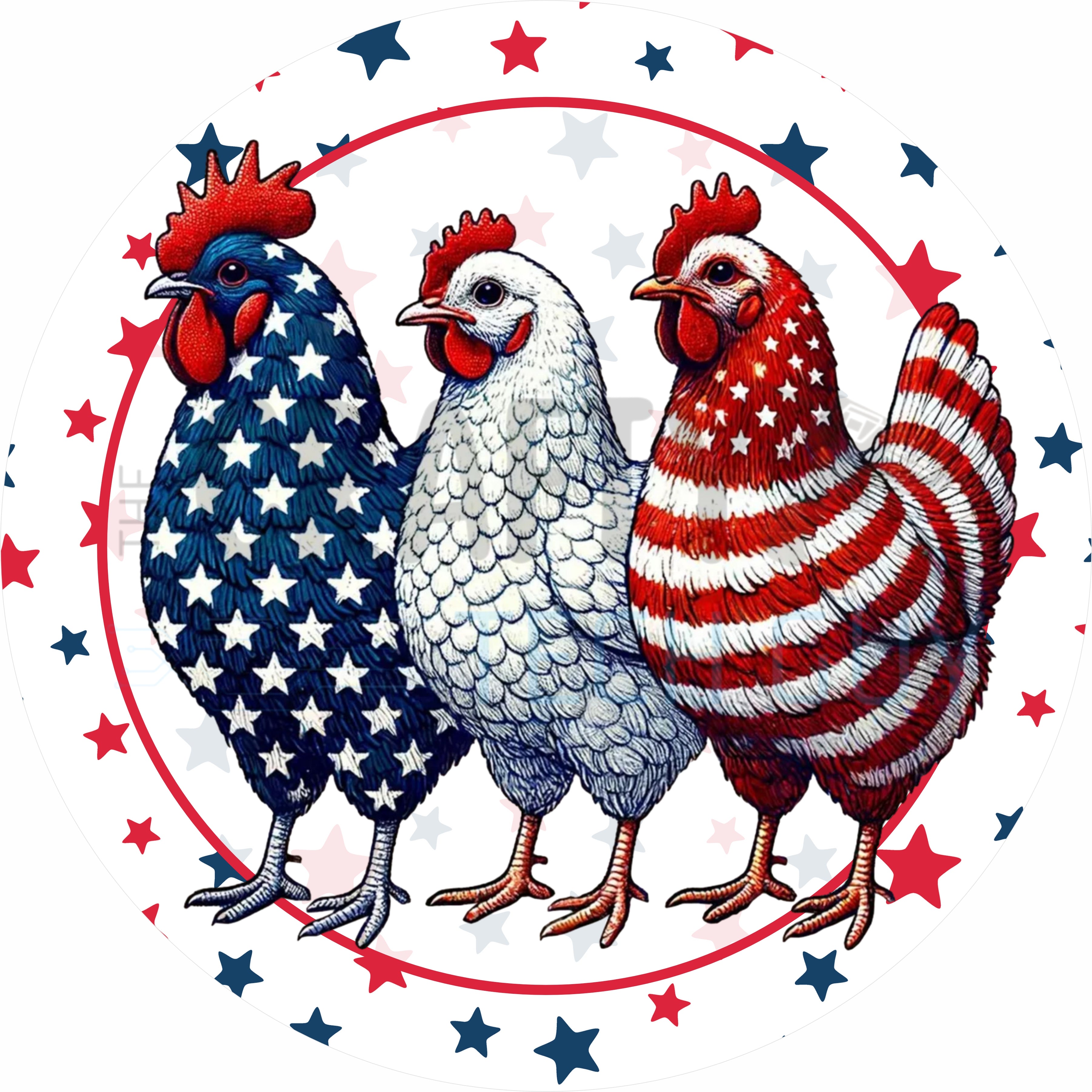 Patriotic Chicken Trio Red White Blue Farmhouse Round Sign