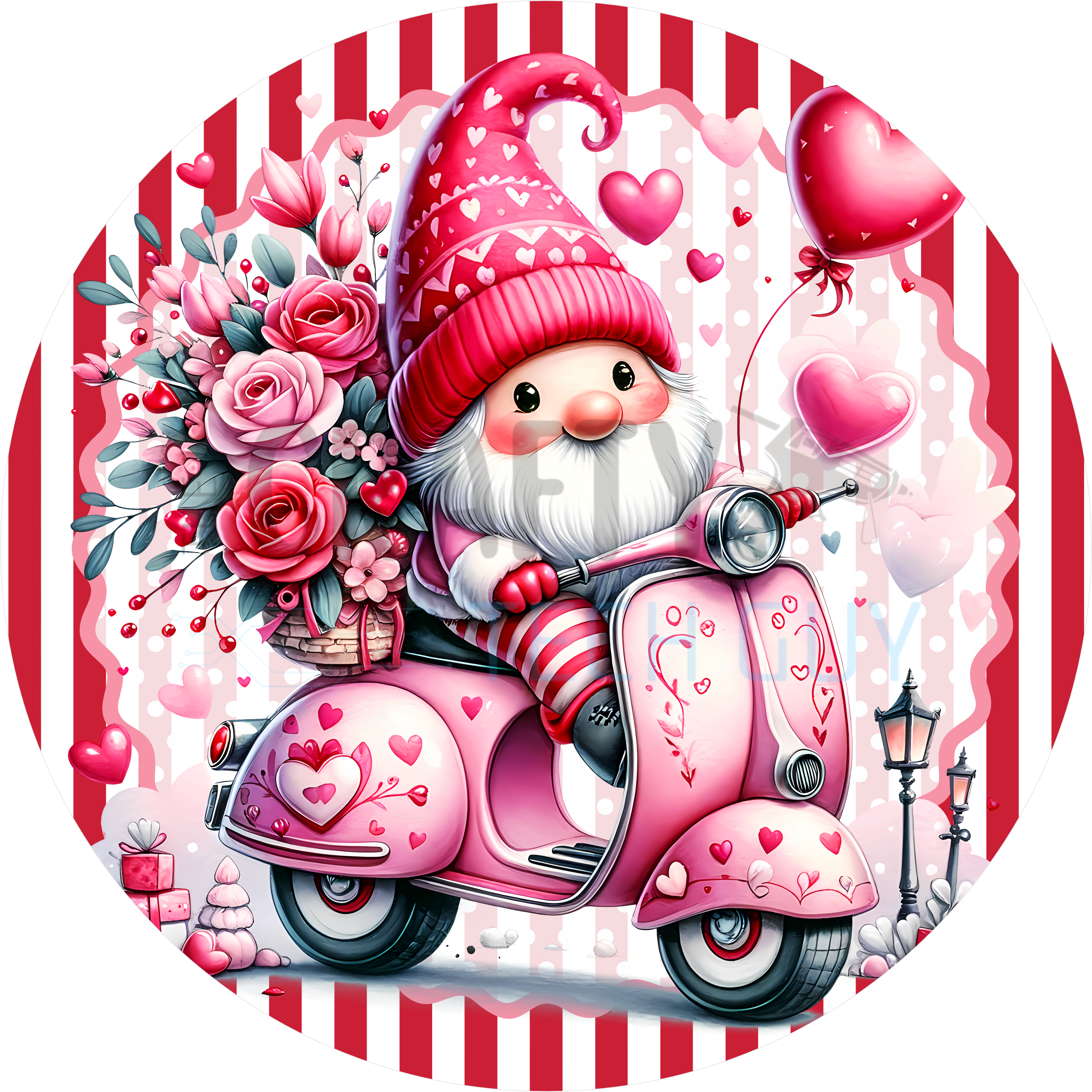Valentine Gnome on Pink Scooter Design | Romantic Love Gnome with Roses and Balloons for Sweet Valentine Home Décor