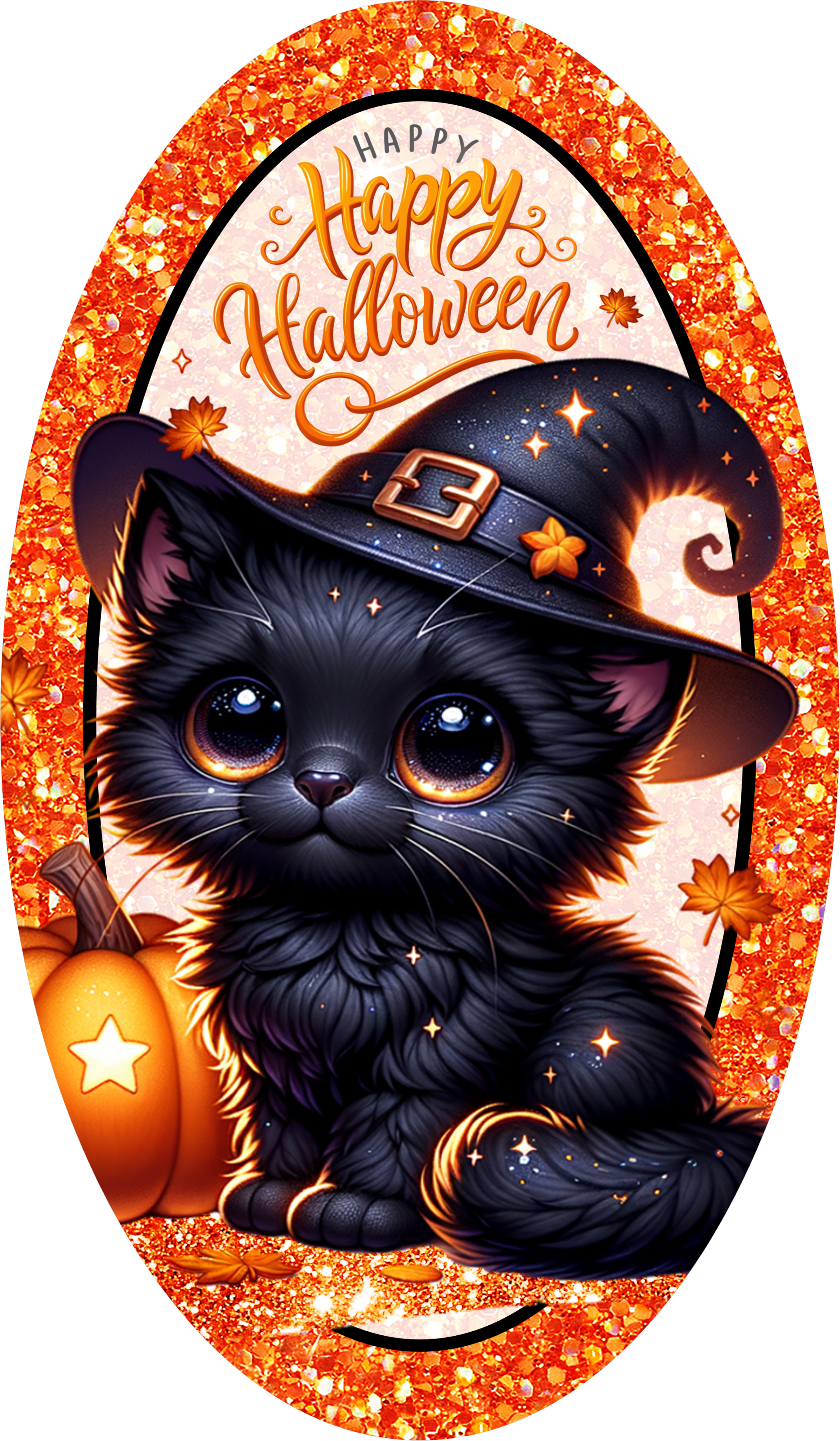 Cute Black Cat Halloween Sign, Witch Hat Kitten with Pumpkins, Sparkly Orange Glitter Wreath Accent for Fall Decor