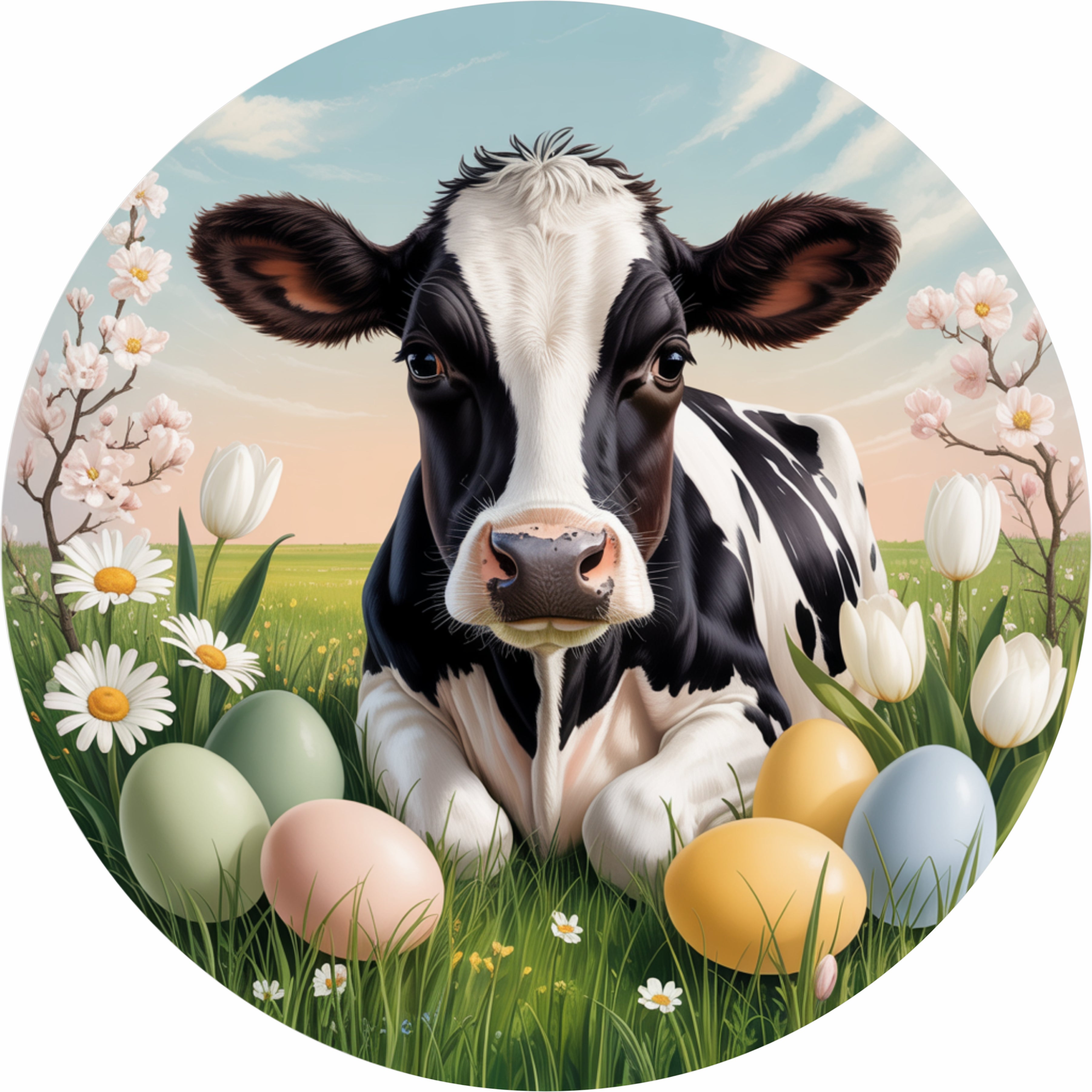 Easter Cow Spring Meadow Pastel Eggs Round Wreath Sign