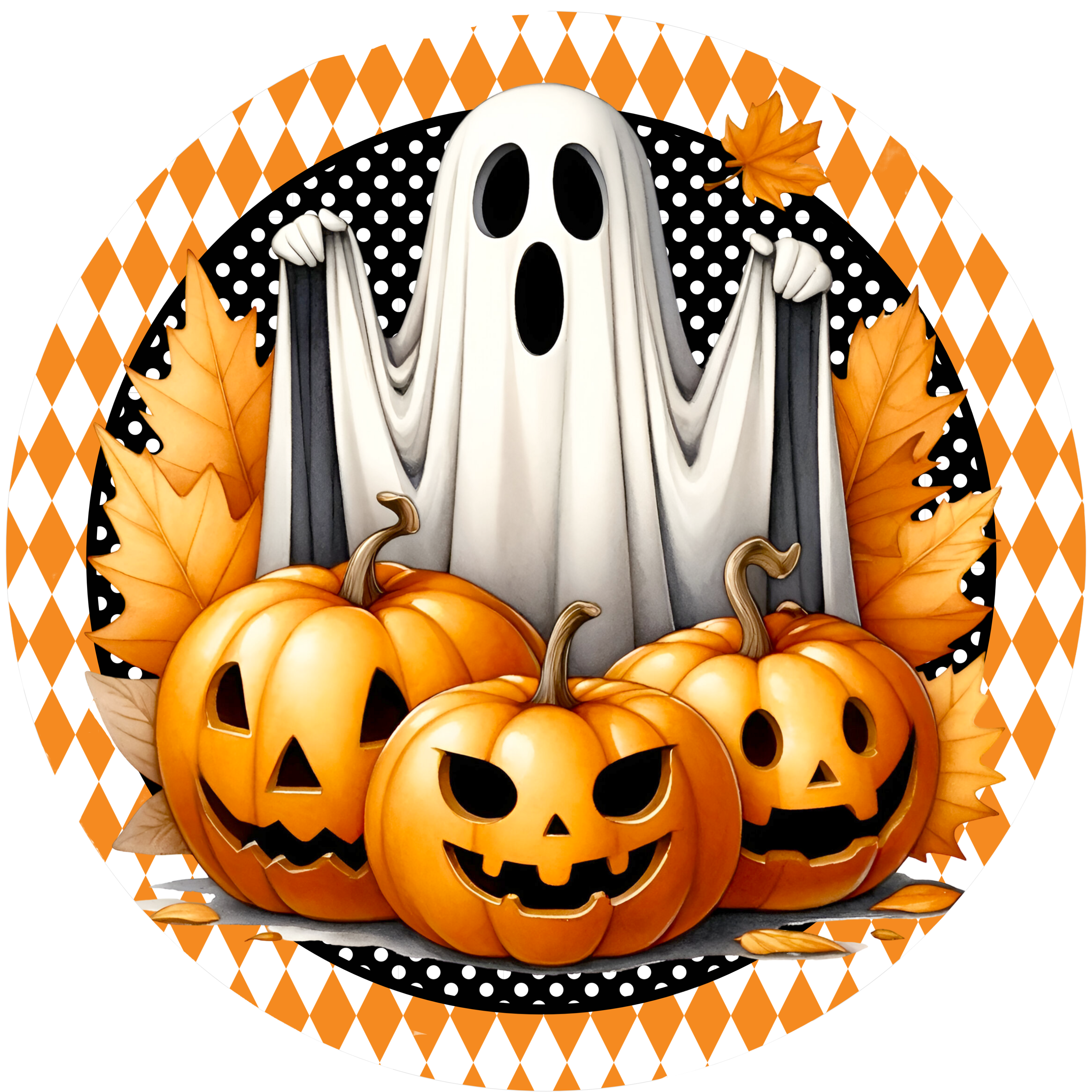 Ghost and Pumpkins Halloween Sign, Spooky Jack O’ Lantern Fall Decor, Orange Polka Dot Wall Art