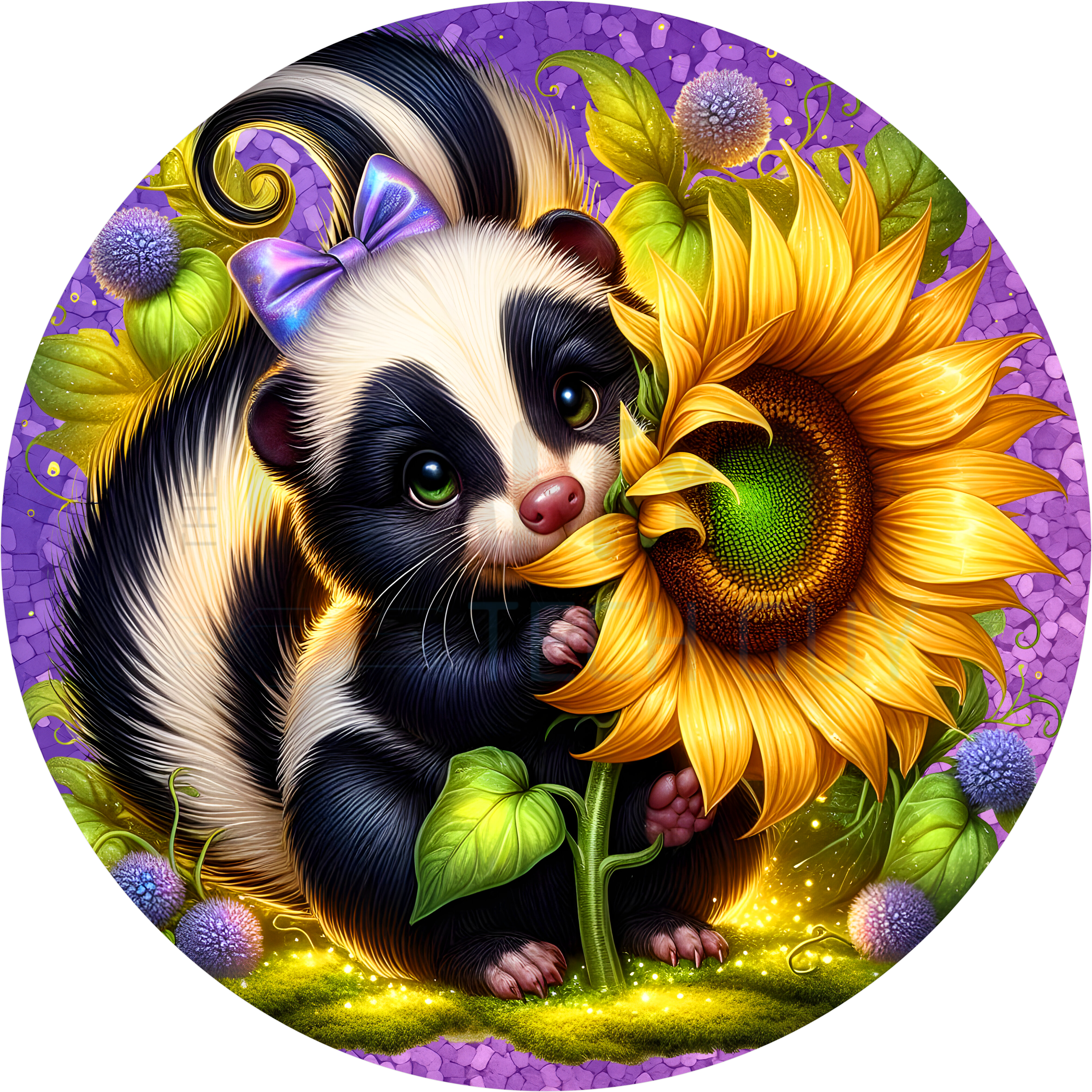 Sweet Skunk & Sunflower Round Sign – Purple Floral Decor