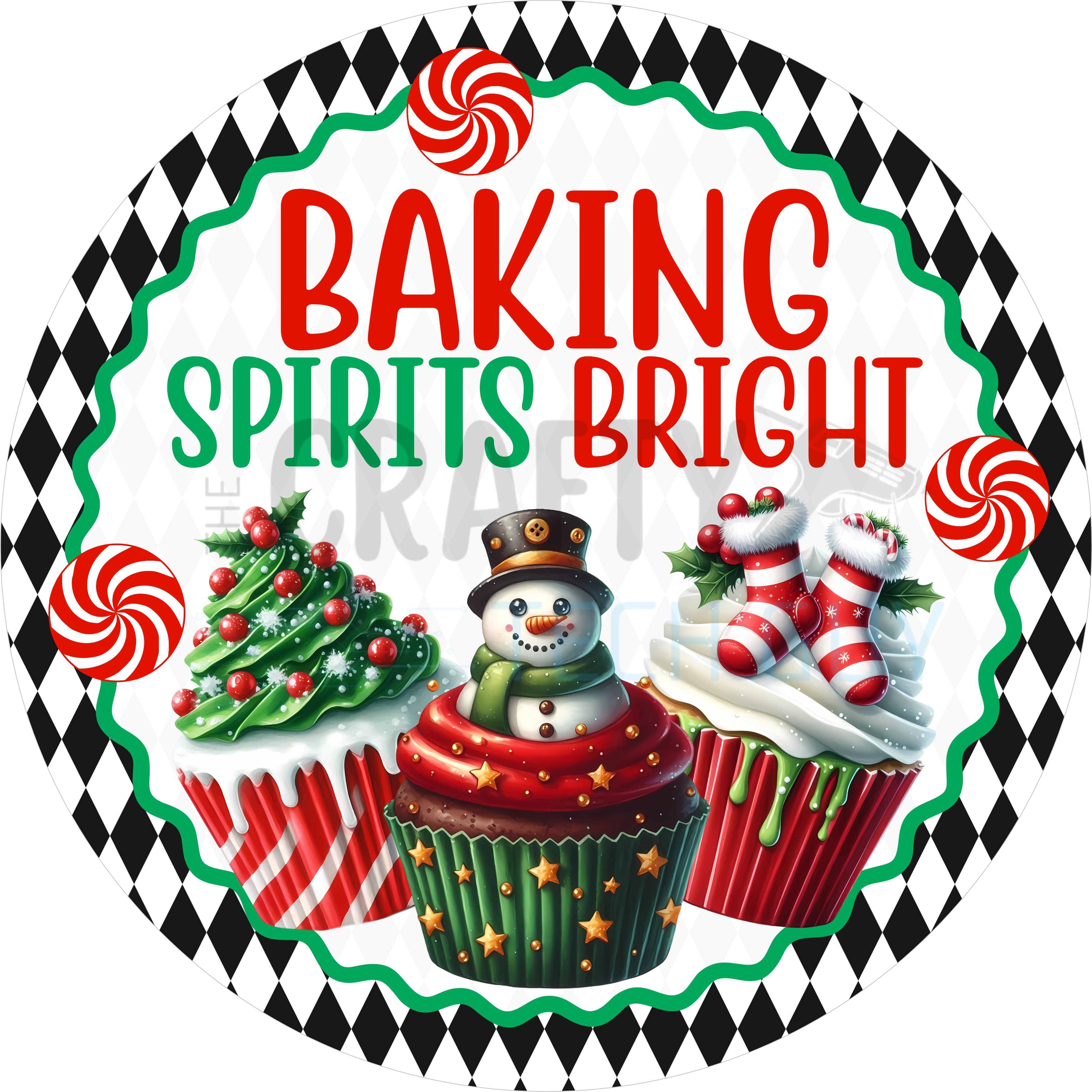 Baking Spirits Bright Cupcake Christmas Sign, Holiday Wreath Center, Whimsical Snowman Tree Boots Sweet Shop Kitchen Decor