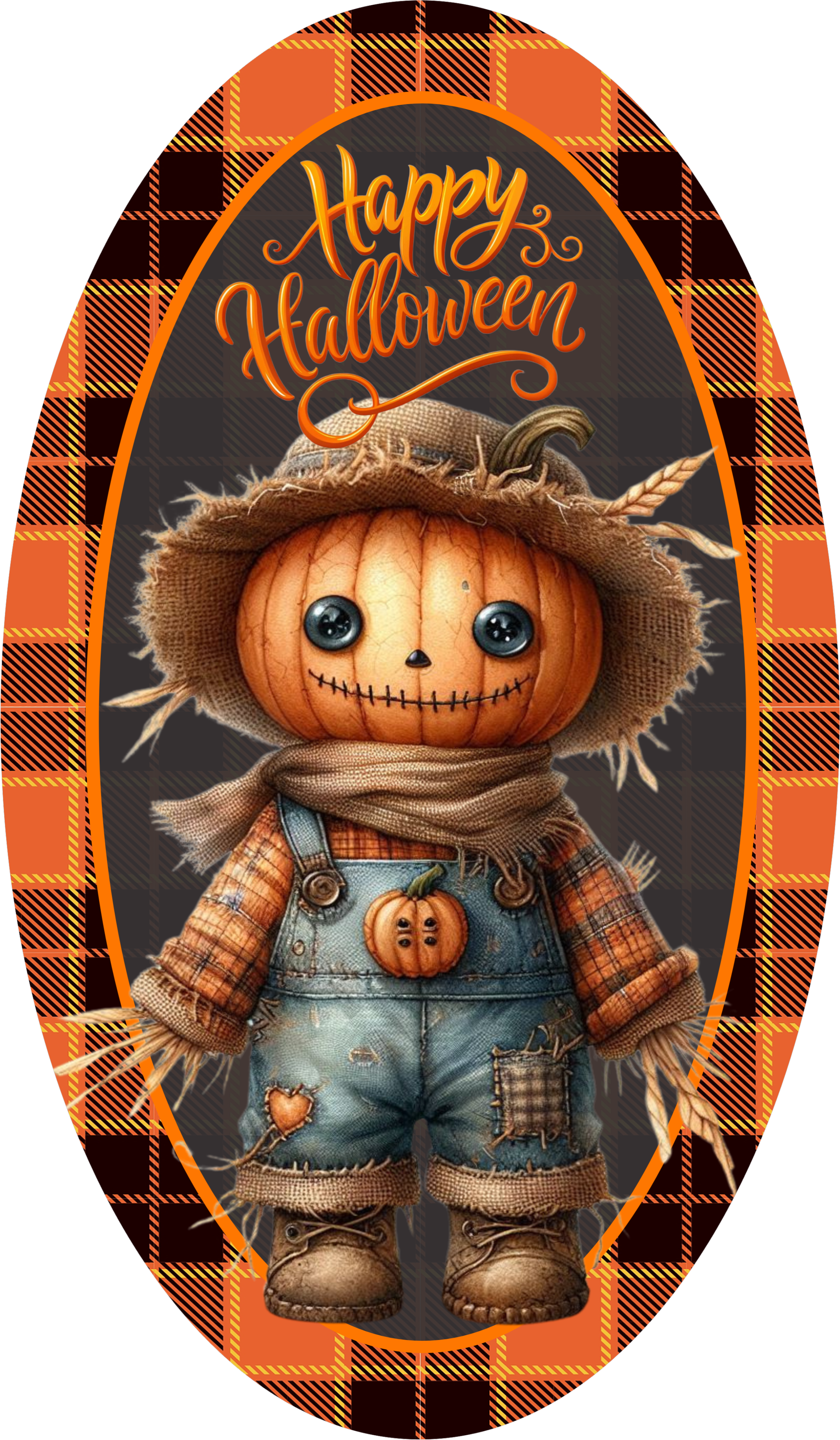 Pumpkin Scarecrow Halloween Sign, Rustic Fall Decor with Plaid Background, Cute Happy Halloween Wreath Accent