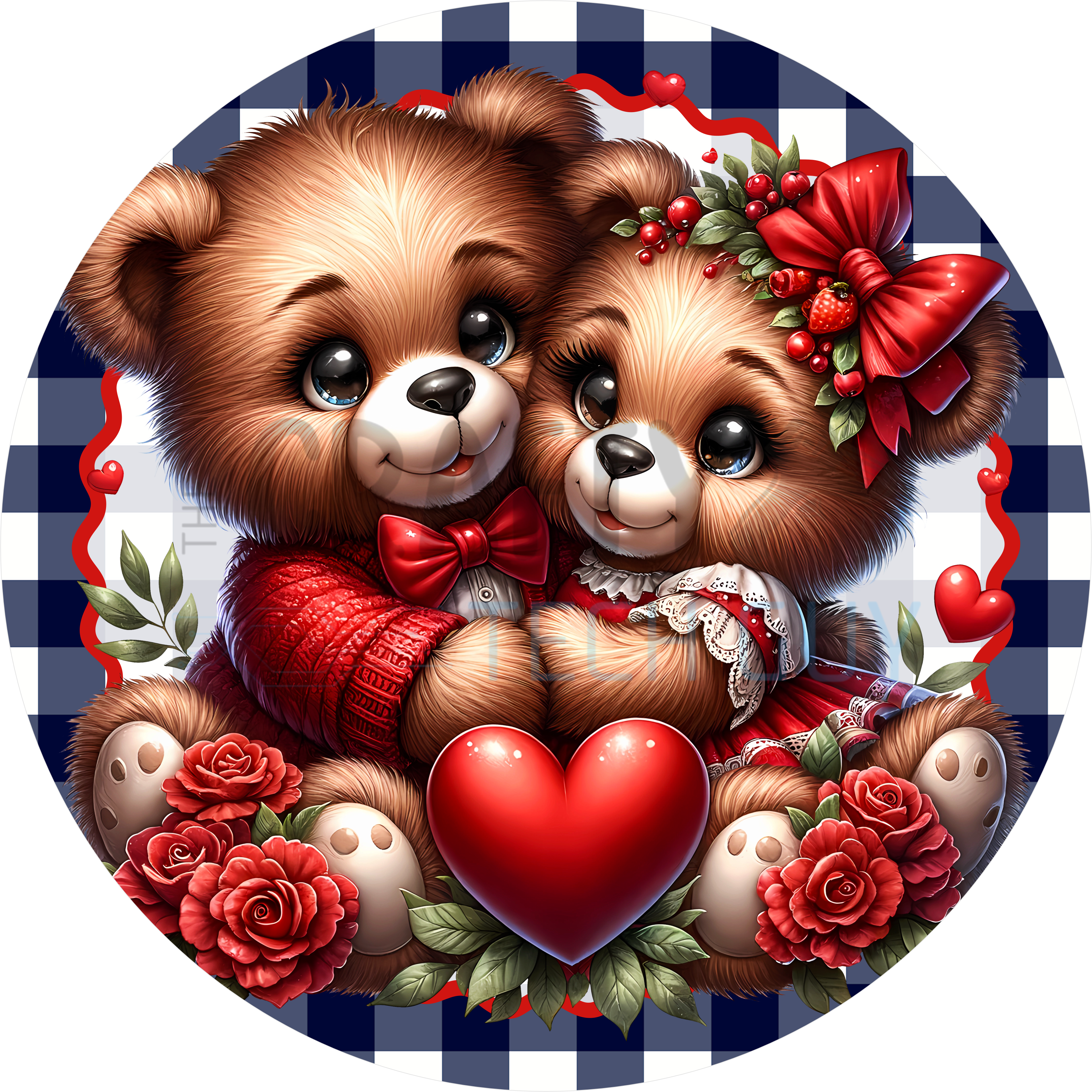 Valentine Teddy Bear Couple Design | Cute Bears in Red Outfits Hugging with Heart and Roses on Blue Gingham Background