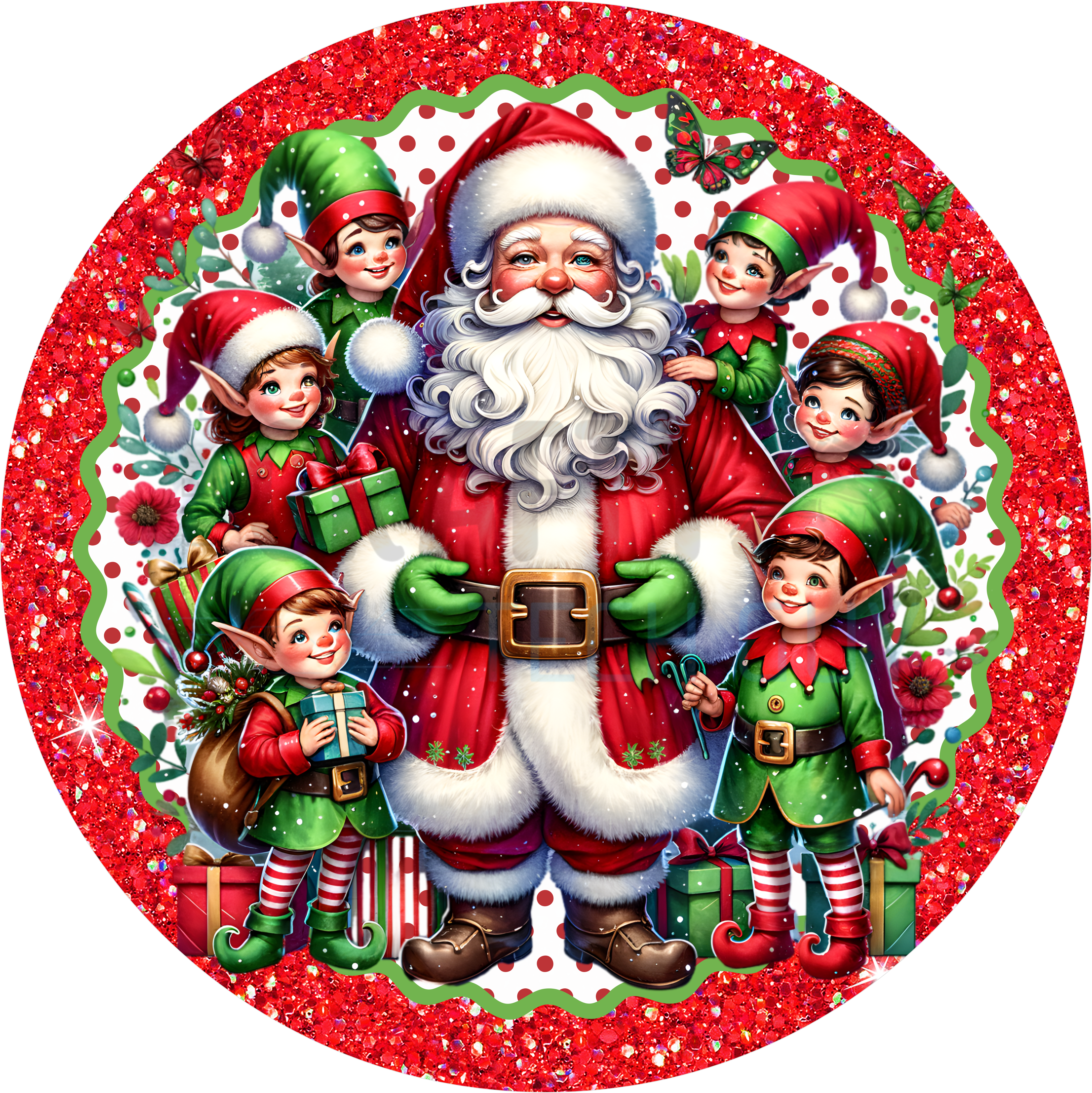 Letrero navideño de Papá Noel y elfos, centro de corona navideña con purpurina roja, taller festivo de Papá Noel en el Polo Norte, decoración del hogar