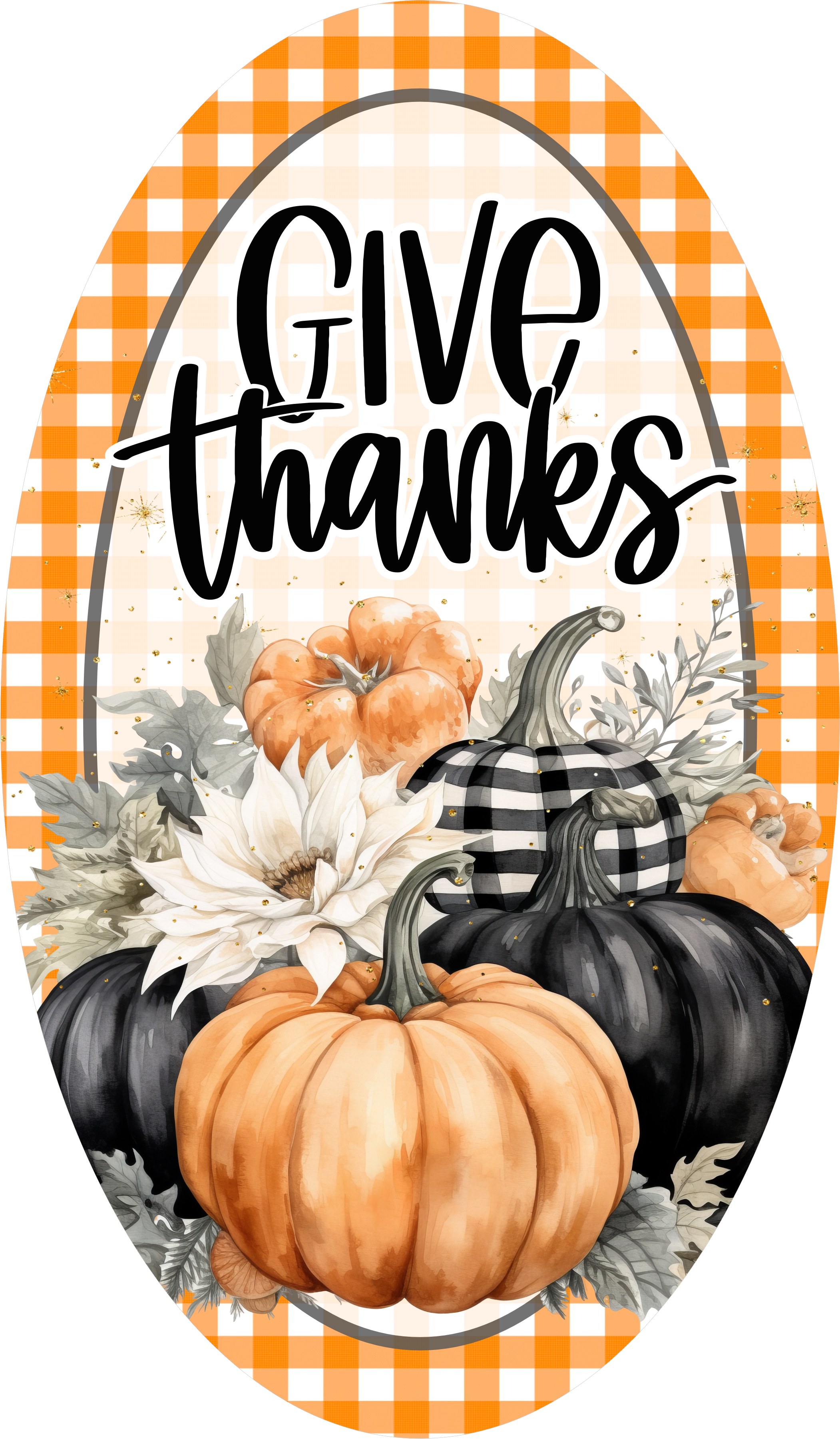 Letrero de calabaza de otoño "Da las gracias", decoración rústica otoñal con fondo de cuadros vichy, acento de corona de calabaza en tonos neutros y negros.