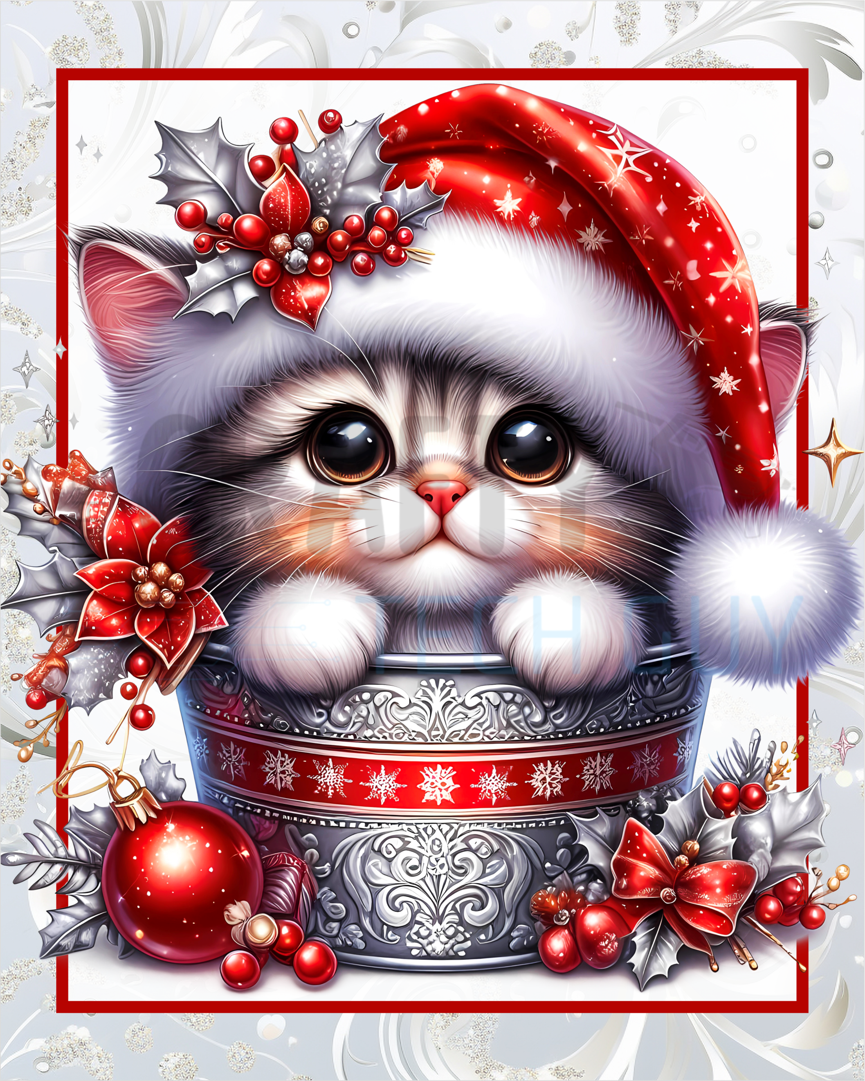 Letrero navideño de gatito con gorro de Papá Noel, adorable corona navideña con forma de gato, decoración invernal en rojo y plateado, idea de regalo festivo para amantes de las mascotas.