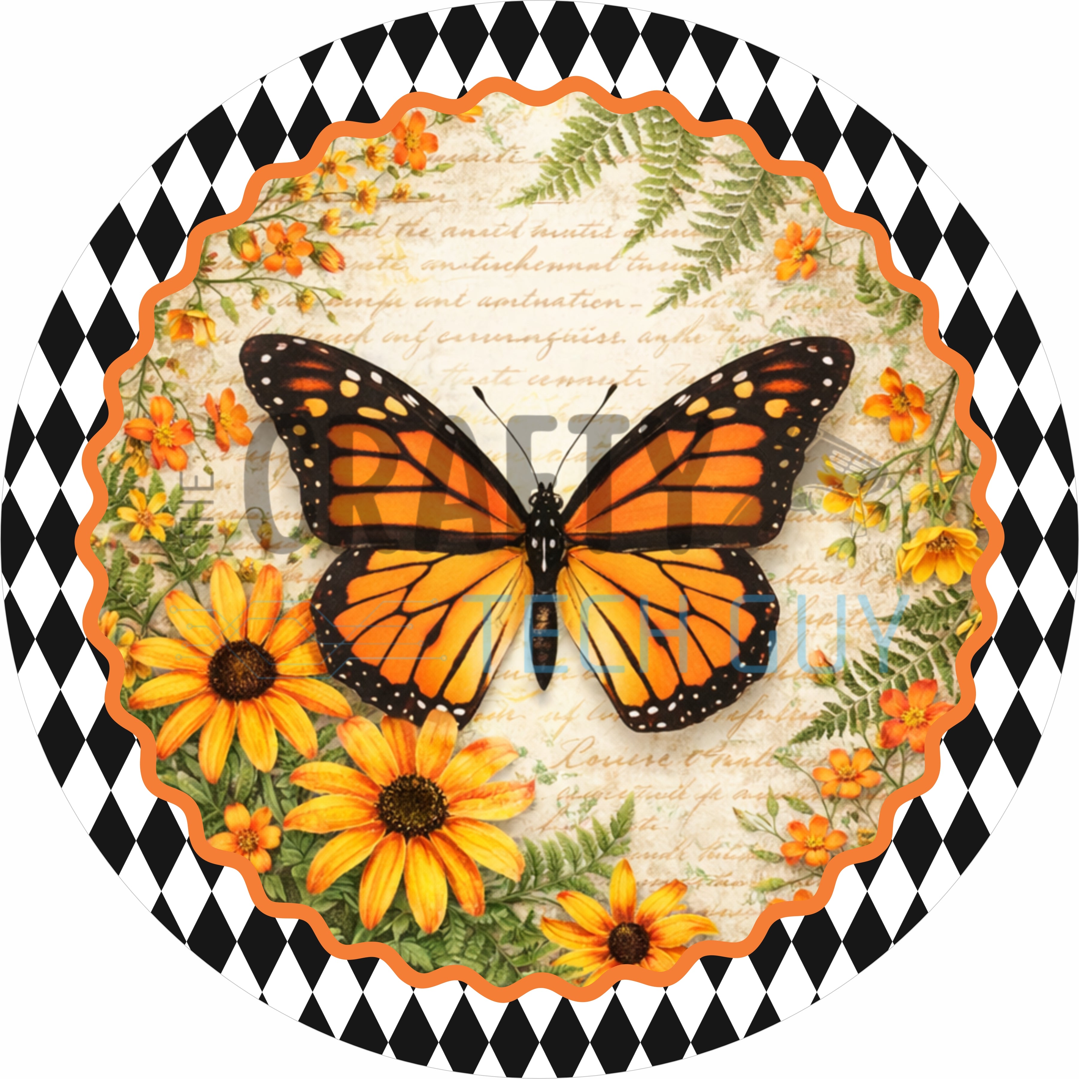 Monarch Butterfly Floral Garden Round Wreath Sign