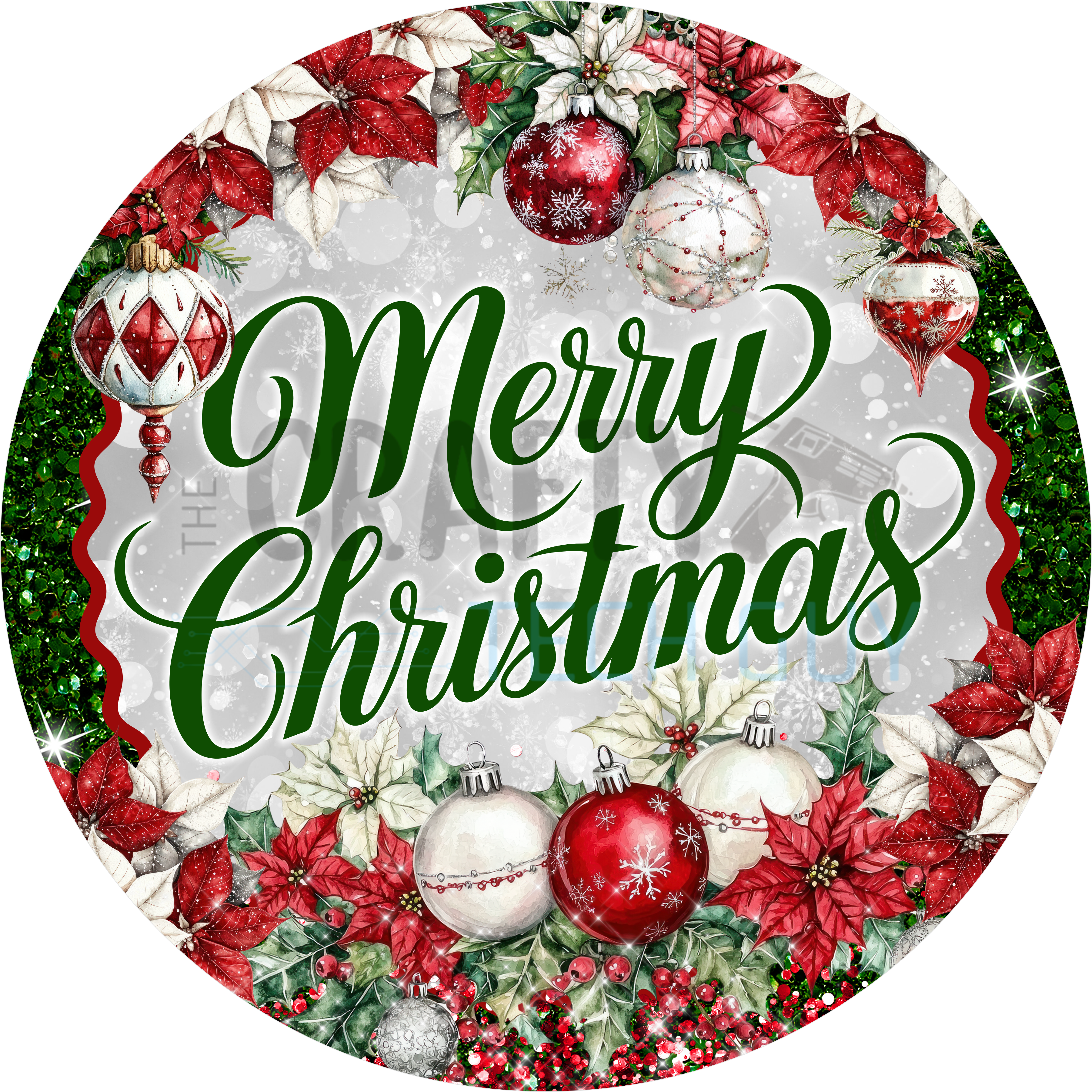 Merry Christmas Sign with Poinsettia and Ornament Design in Festive Red and Green