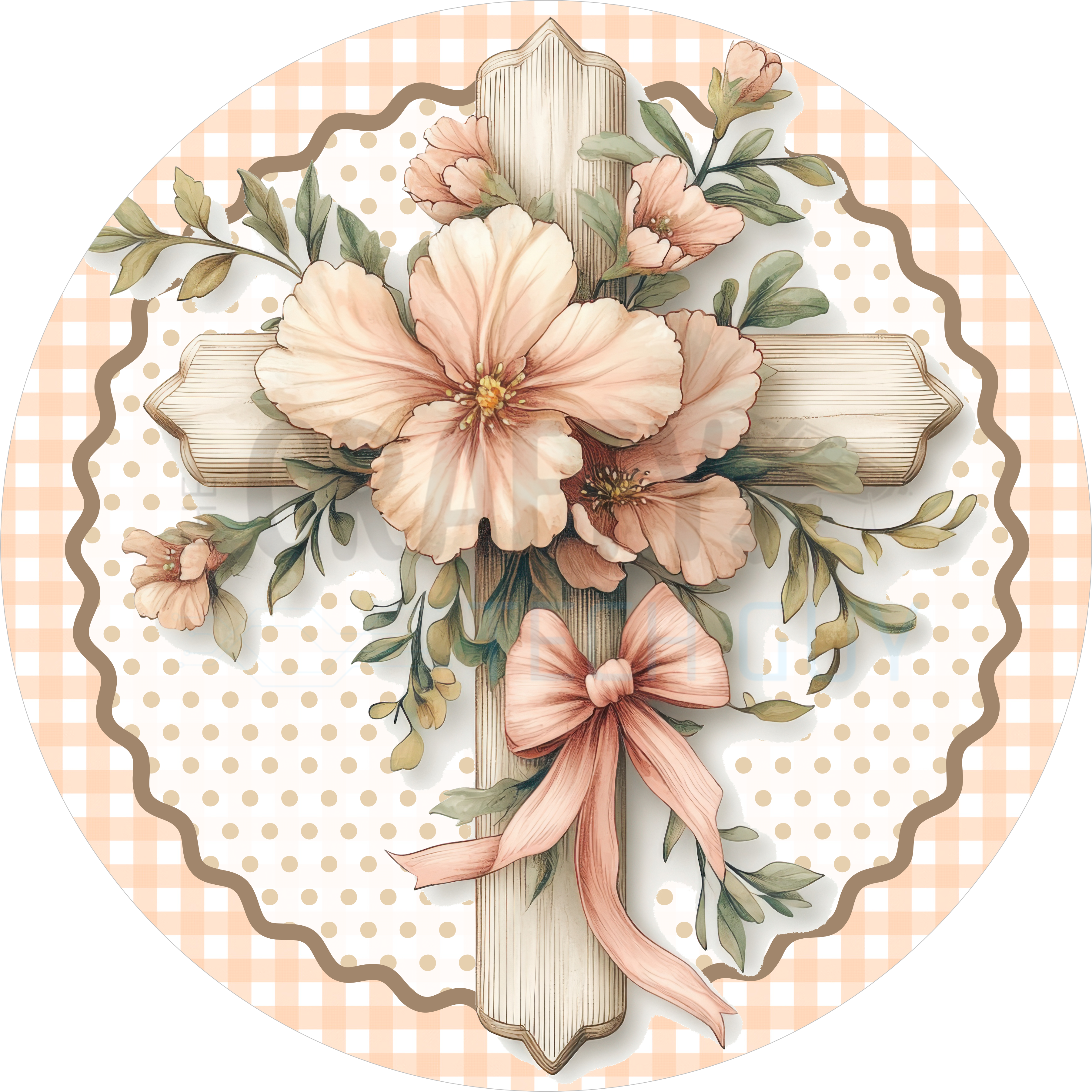 Floral Easter Cross Spring Sign – Peach Flowers & Gingham Decor