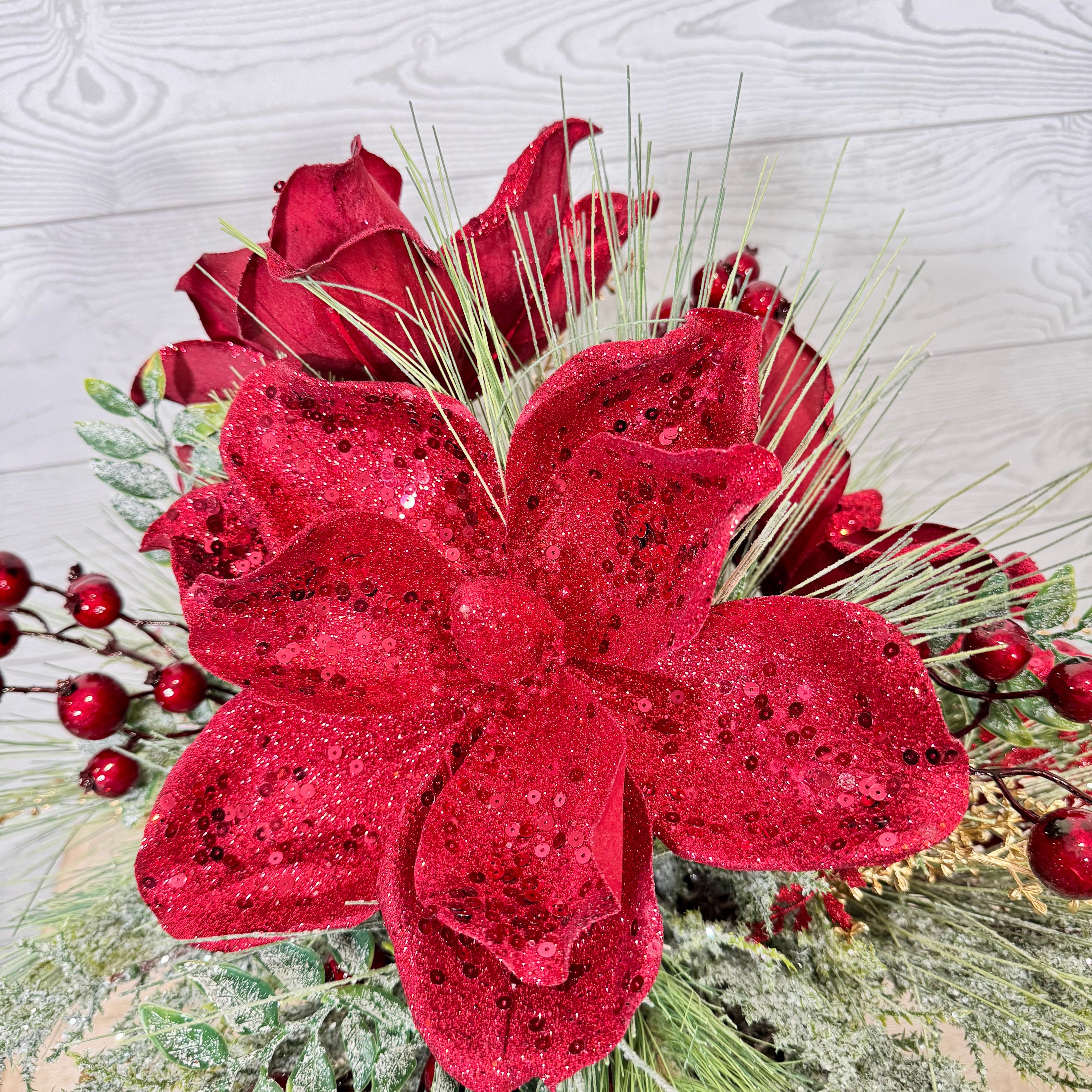 Elegant Red Magnolia Christmas Centerpiece, Holiday Floral Arrangement with Velvet Blooms, Winter Greenery & Berries, Luxury Christmas Table Decor