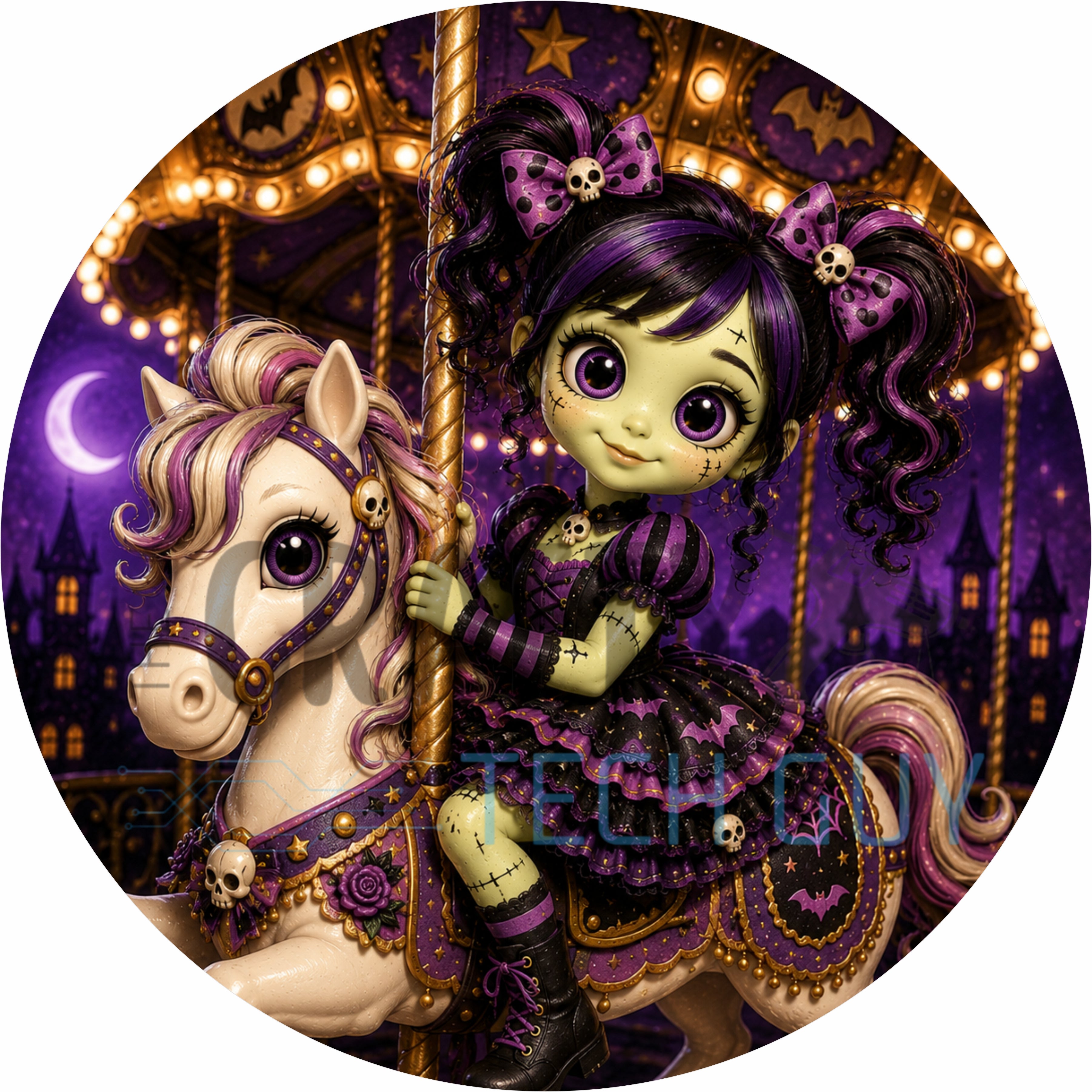 Spooky Carousel Girl Halloween Round Wreath Sign